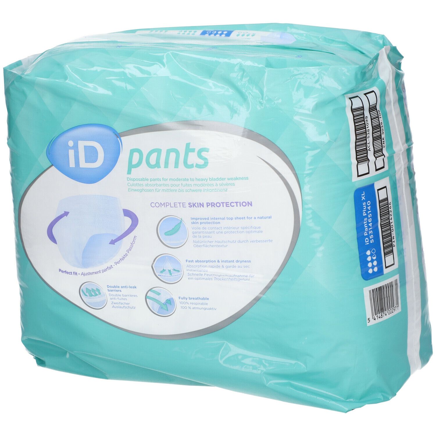 Emballage iD Pants Plus XL. Face avant avec logo, texte et pictogrammes. Testé dermatologiquement. Couleur aqua.