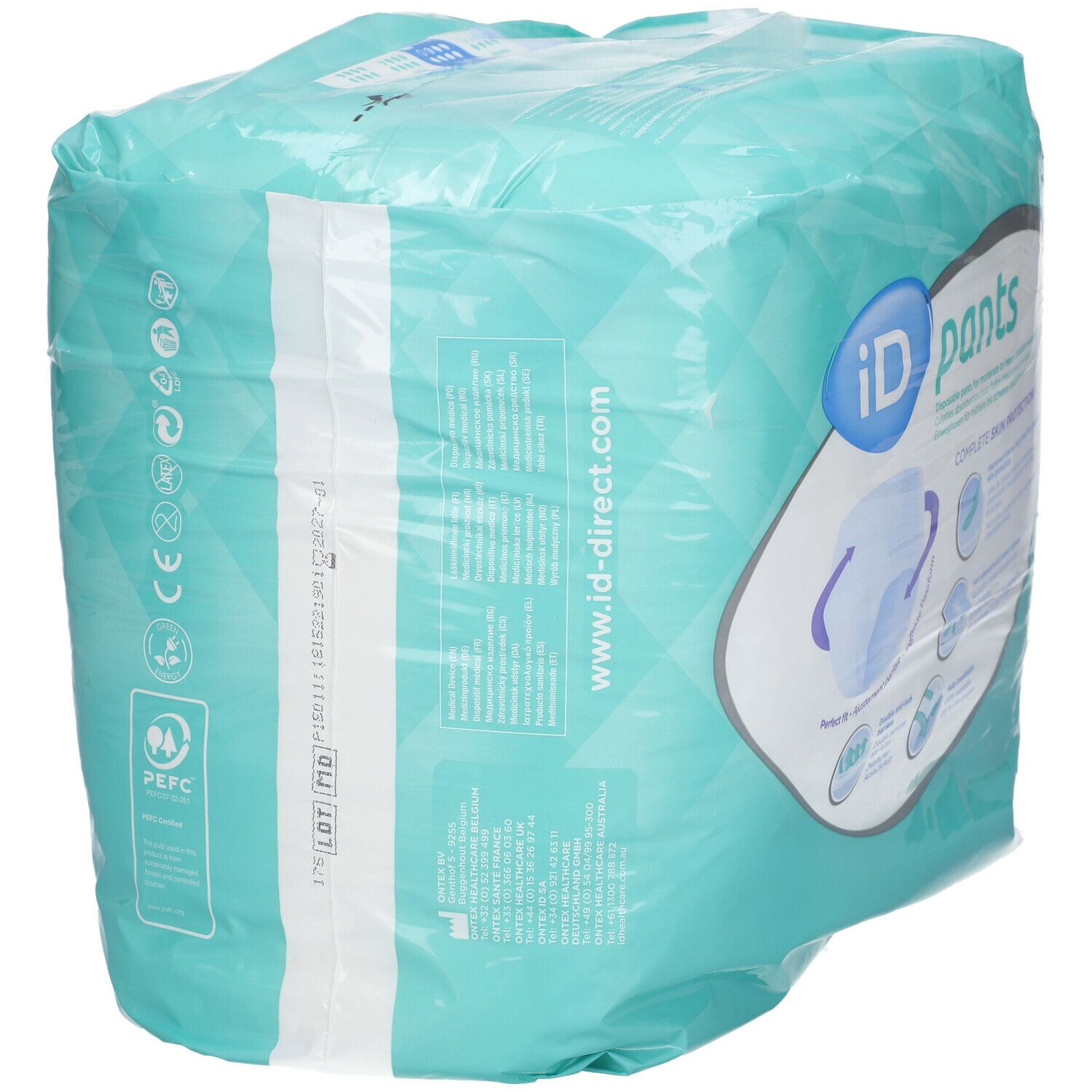 Emballage iD Pants Plus XL. Dos avec logo, texte et pictogrammes. Testé dermatologiquement. Couleur aqua.