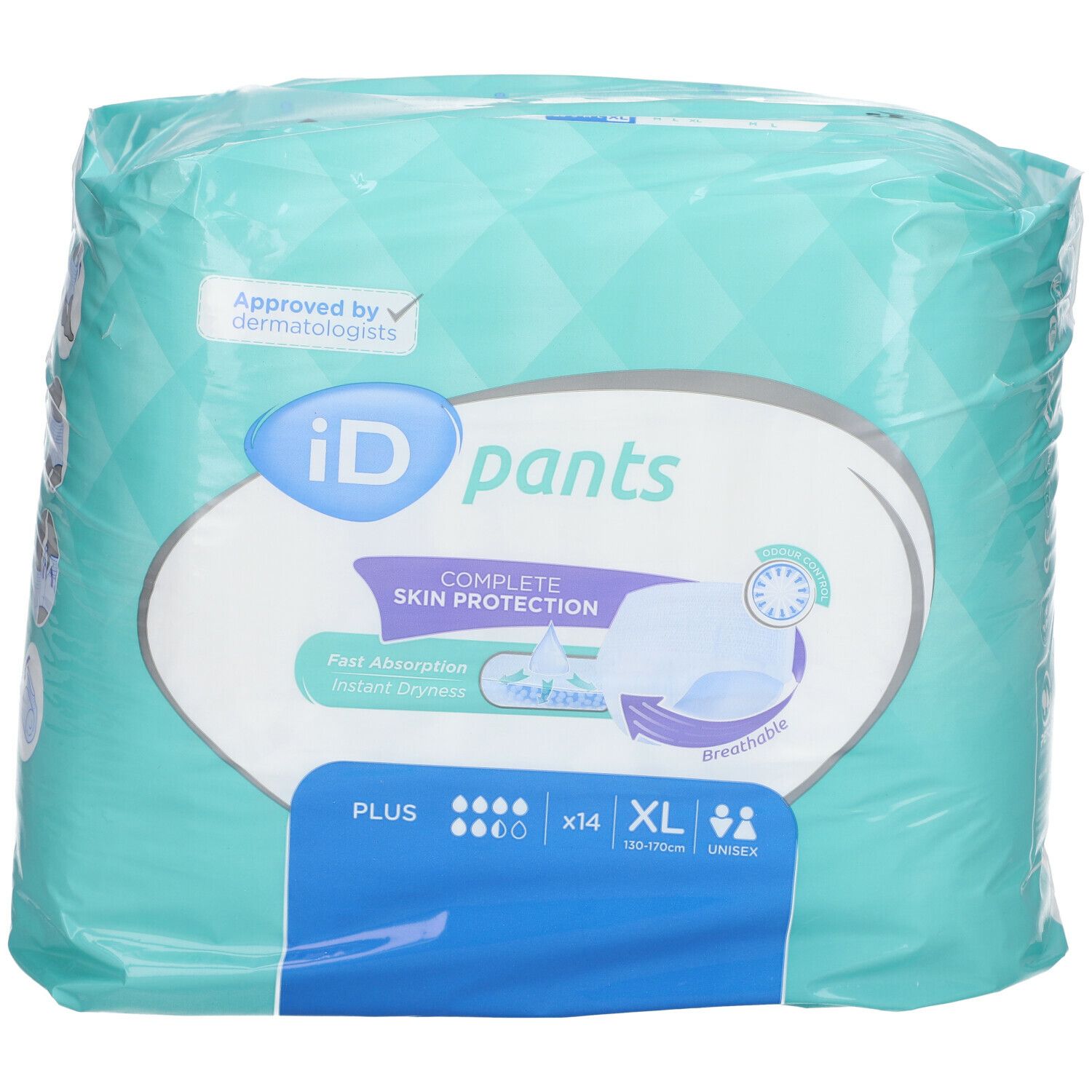 Emballage iD Pants Plus XL. Face avant avec logo, texte et pictogrammes. Testé dermatologiquement. Couleur aqua.