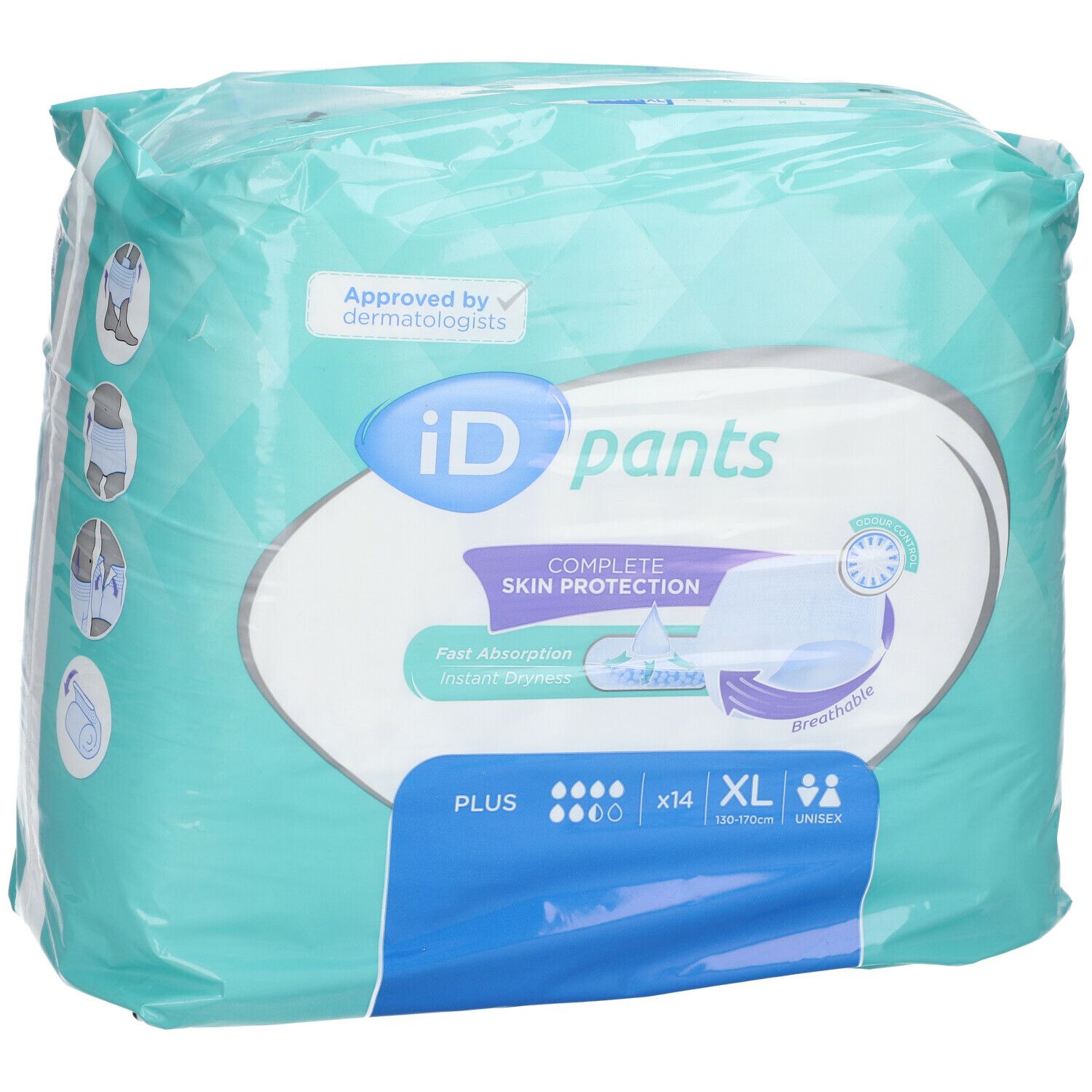 Emballage iD Pants Plus XL. Face avant avec logo, texte et pictogrammes. Testé dermatologiquement. Couleur aqua.