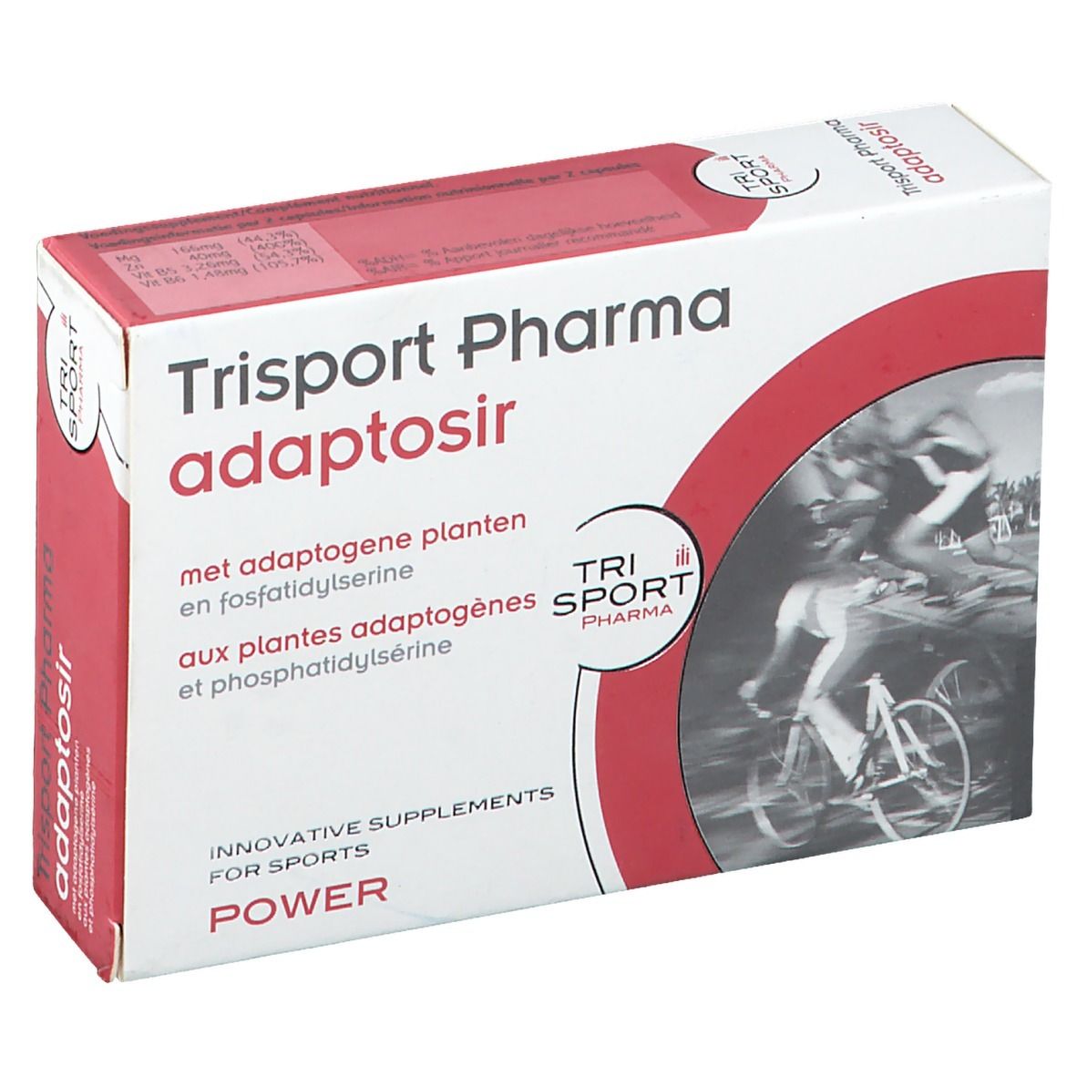 Boîte "Trisport Pharma adaptosir". Emballage rouge et blanc. Contient des plantes adaptogènes et de la phosphatidylsérine.