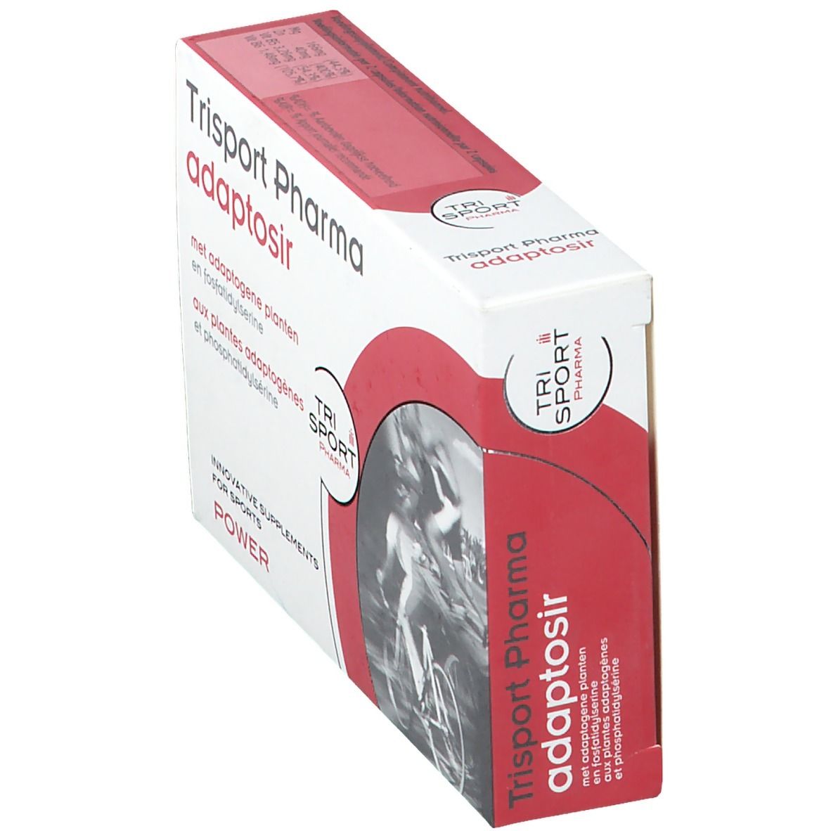 Boîte "Trisport Pharma adaptosir". Emballage rouge et blanc. Contient des plantes adaptogènes et phosphatidylsérine. Vue latérale.