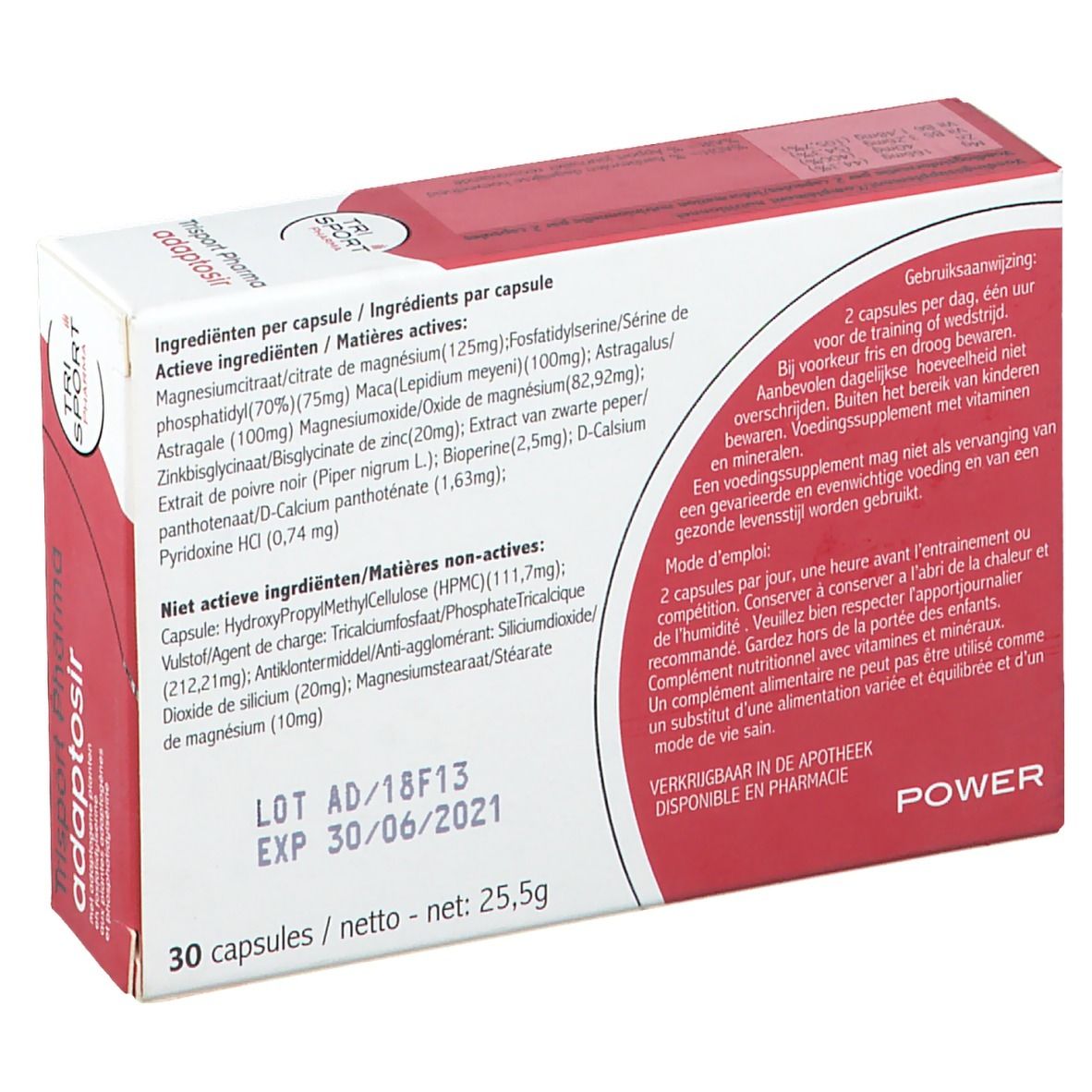 Dos de la boîte "Trisport Pharma adaptosir". Contient ingrédients, mode d'emploi et informations nutritionnelles. 30 gélules.