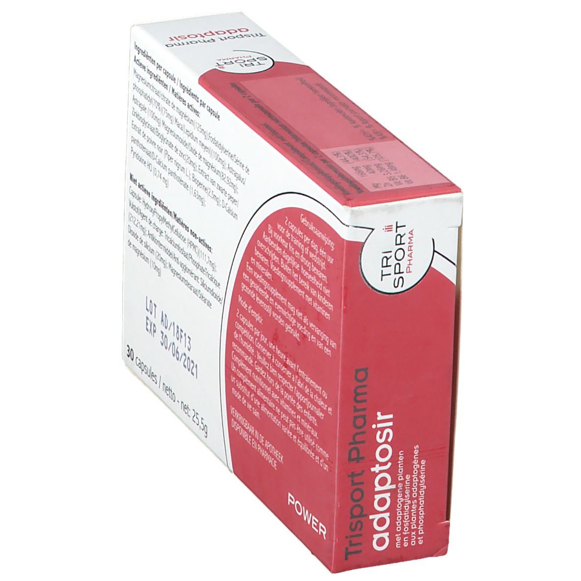 Boîte "Trisport Pharma adaptosir". Contient ingrédients, mode d'emploi et informations nutritionnelles. Vue latérale.