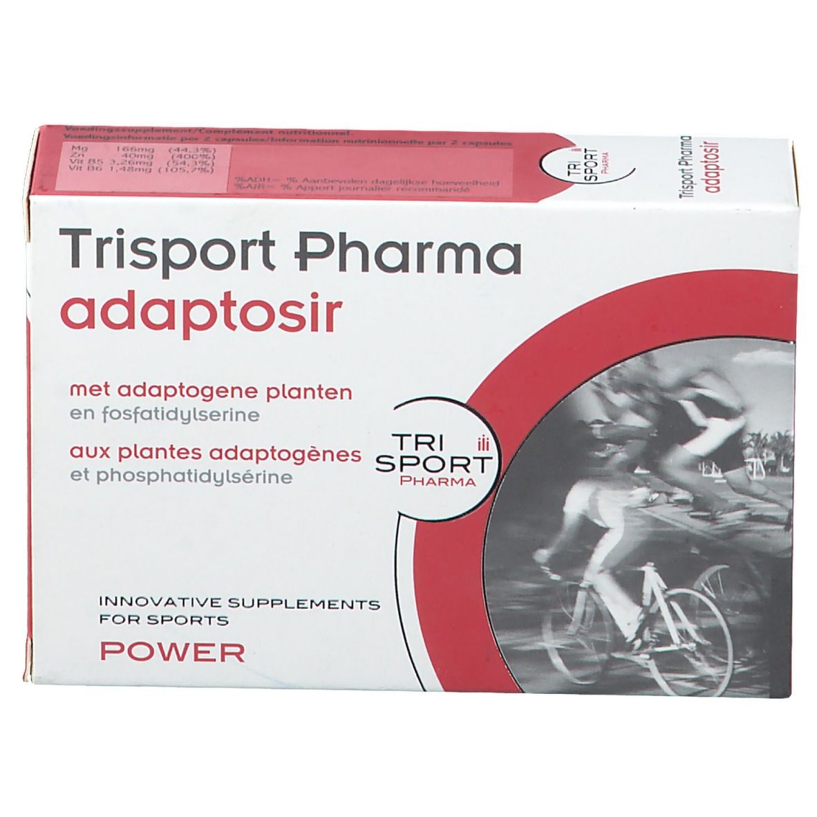 Boîte "Trisport Pharma adaptosir". Emballage rouge et blanc. Contient des plantes adaptogènes et phosphatidylsérine. Vue de face.