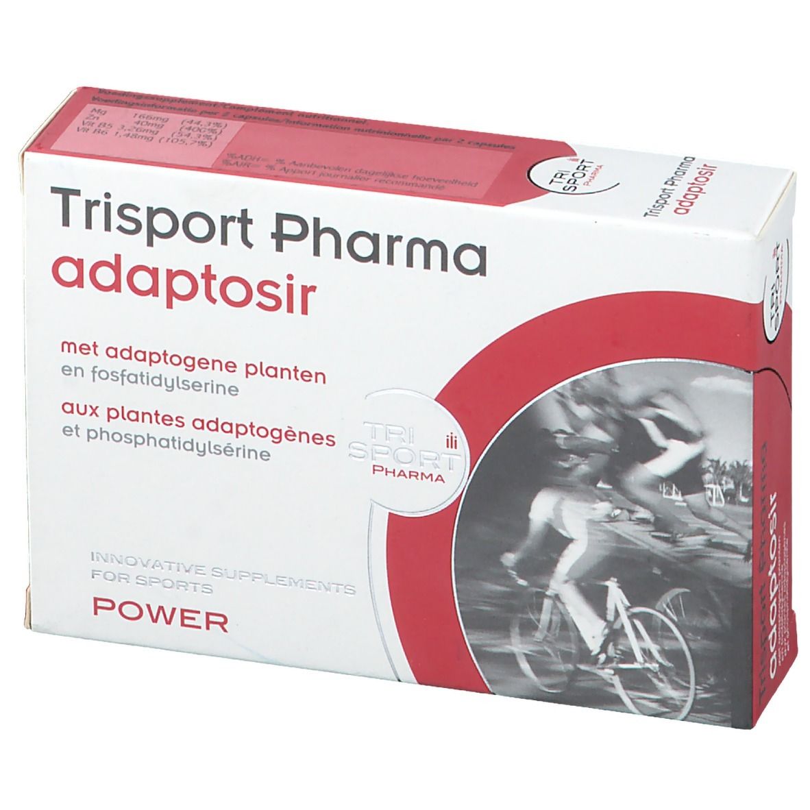Boîte "Trisport Pharma adaptosir". Emballage rouge et blanc. Contient des plantes adaptogènes et phosphatidylsérine. Vue de face.