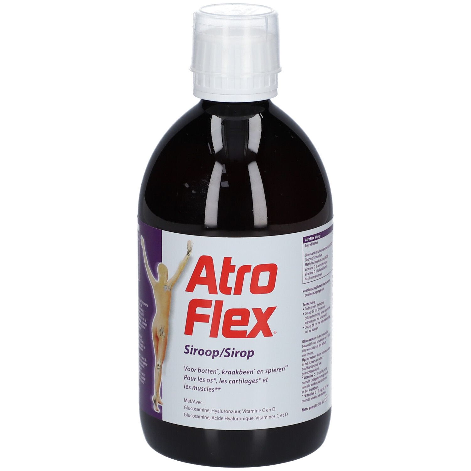 Bruine fles met witte dop. Etiket met productnaam Atroflex en afbeelding van een persoon.
