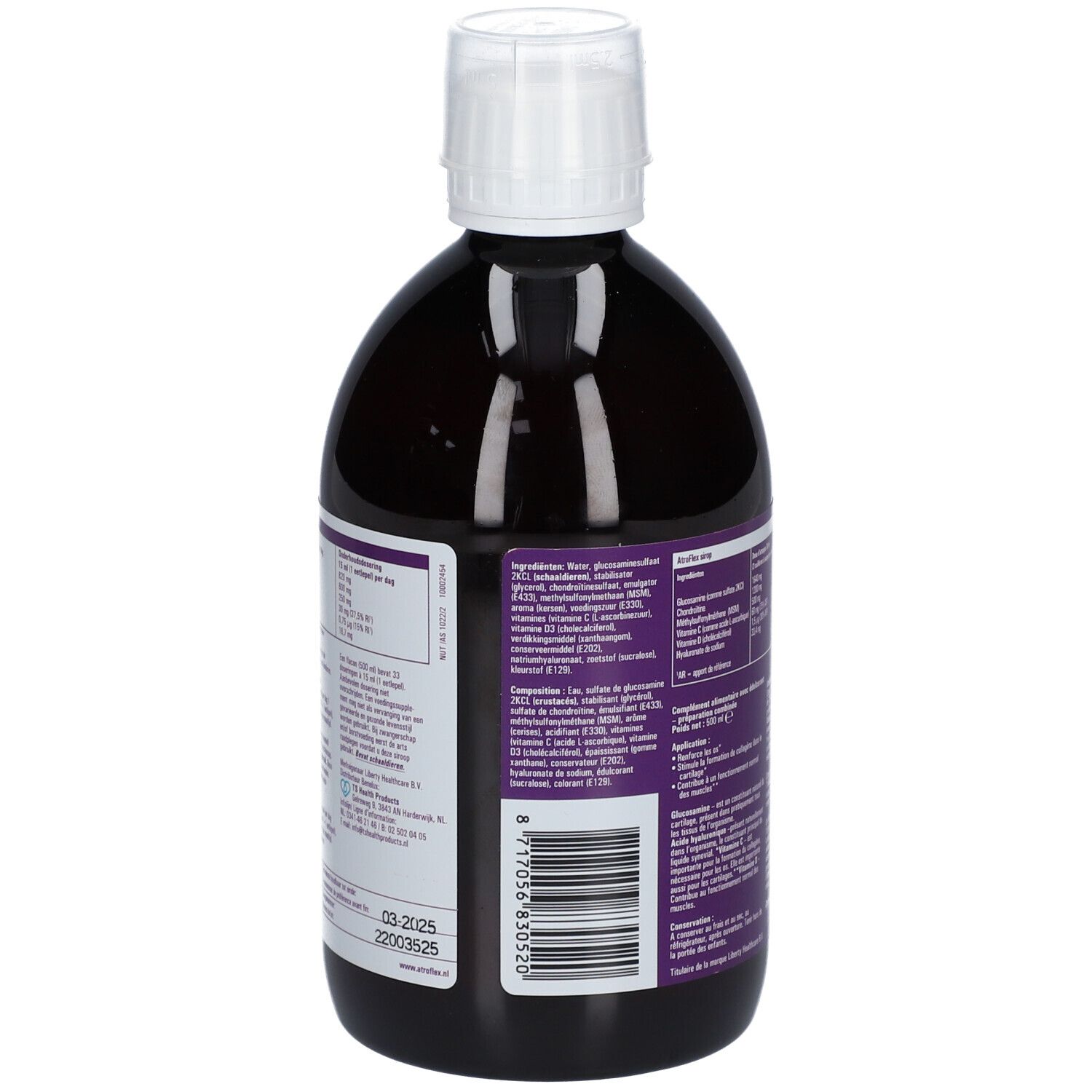 Bruine fles met witte dop. Achterkant met informatie en barcode op een etiket.