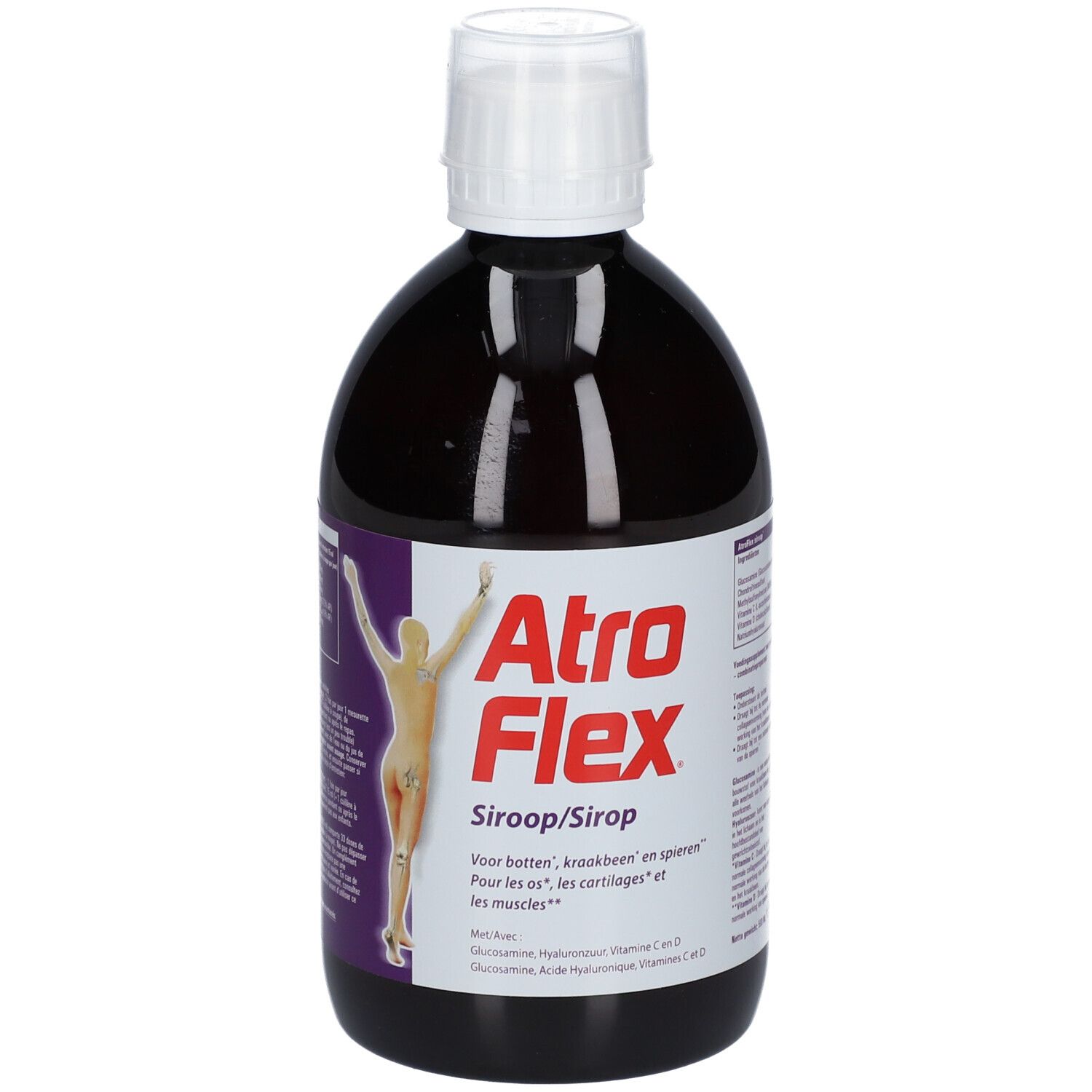 Bruine fles met witte dop. Etiket met productnaam Atroflex en afbeelding van een persoon.