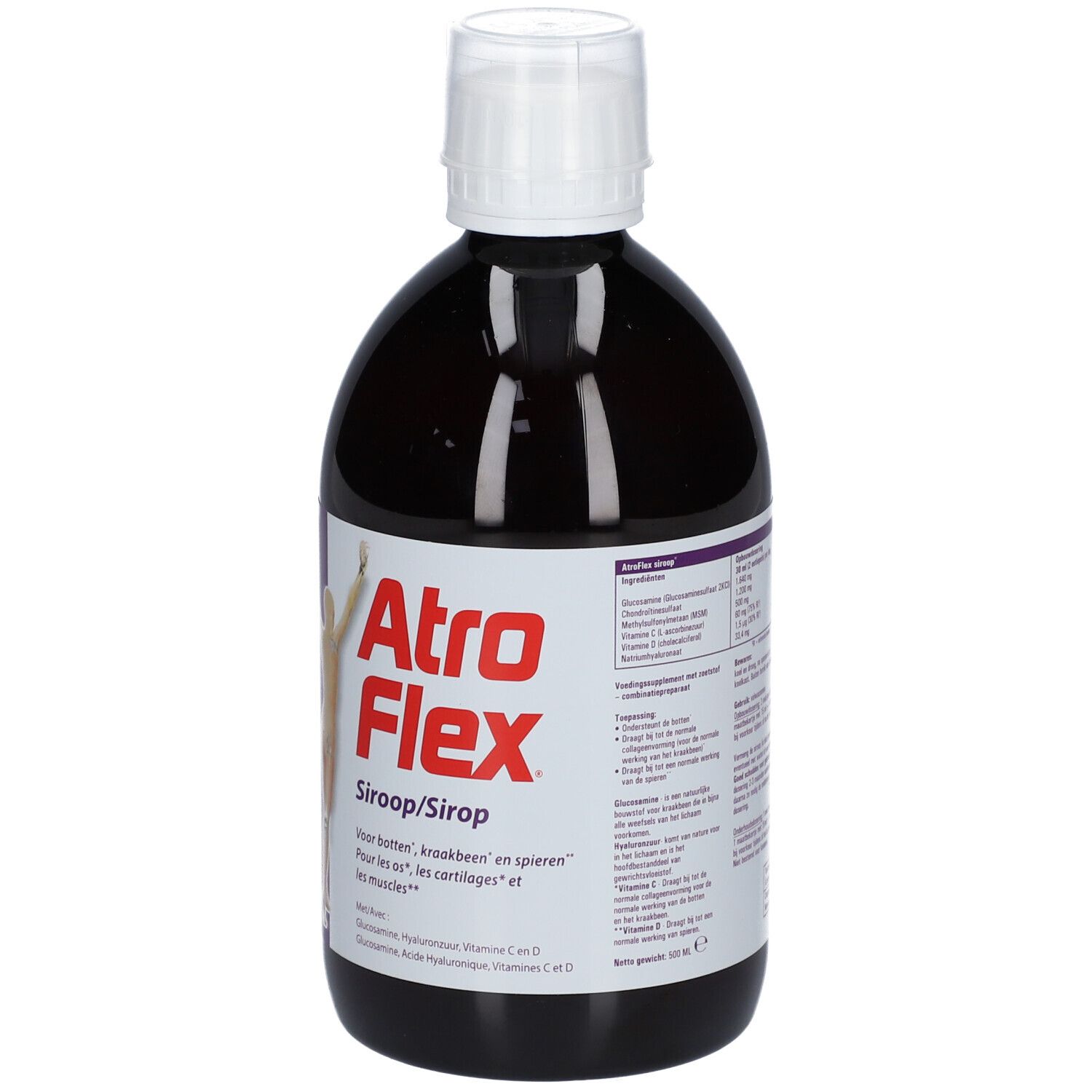 Bruine fles met witte dop. Etiket met productnaam Atroflex en informatie.