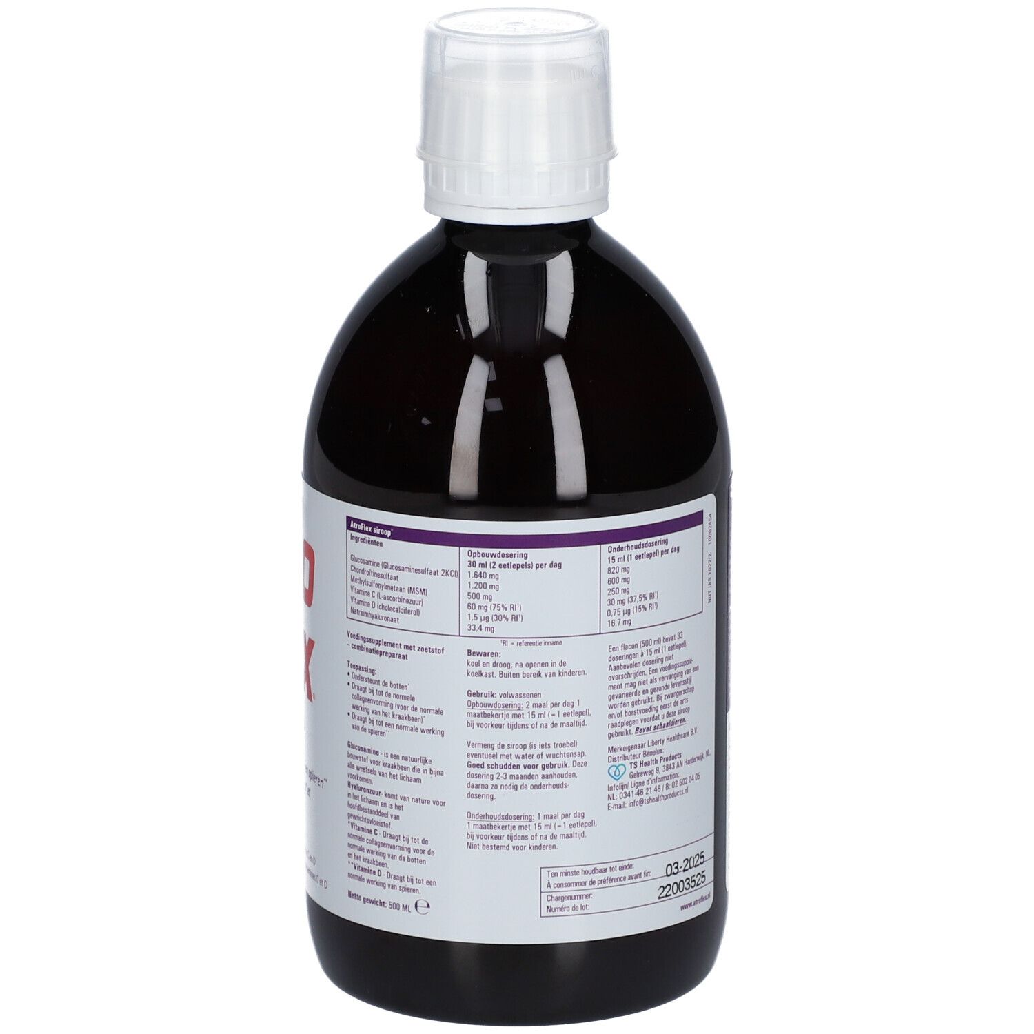Bruine fles met witte dop. Achterkant met informatie en vervaldatum op een etiket.