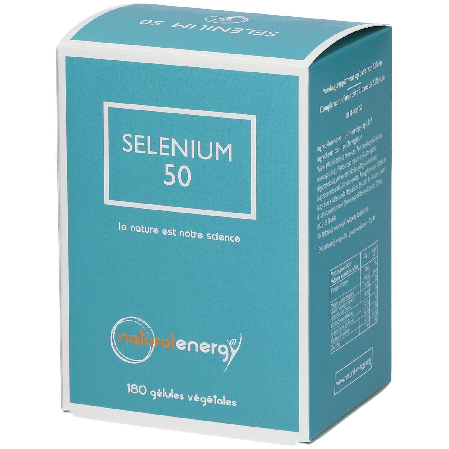Boîte turquoise et blanche avec texte "SELENIUM 50". Logo "natural energy". Texte: "180 gélules végétales".