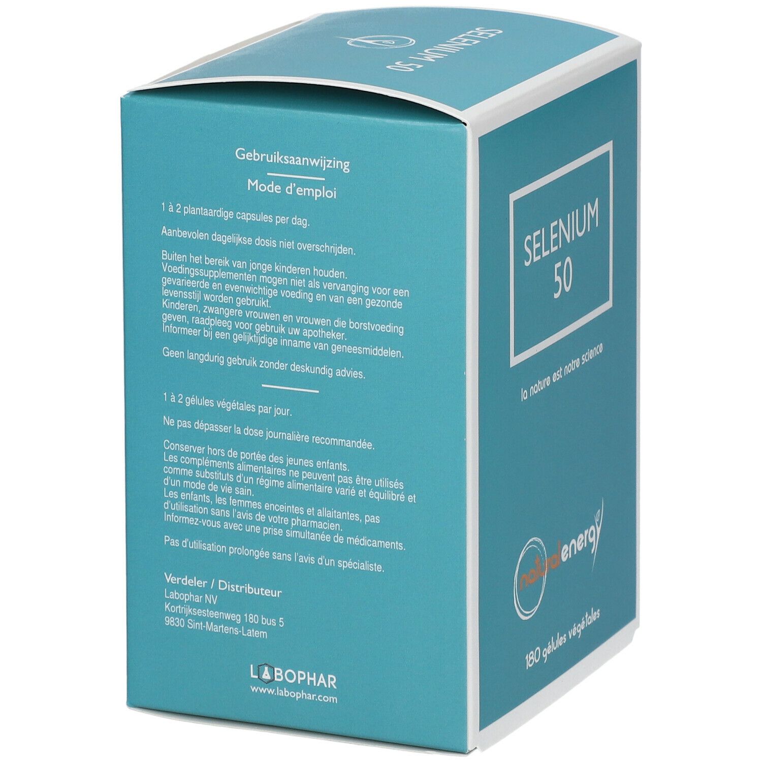 Boîte turquoise et blanche avec texte. "SELENIUM 50" et logo "natural energy". Texte: "180 gélules végétales".