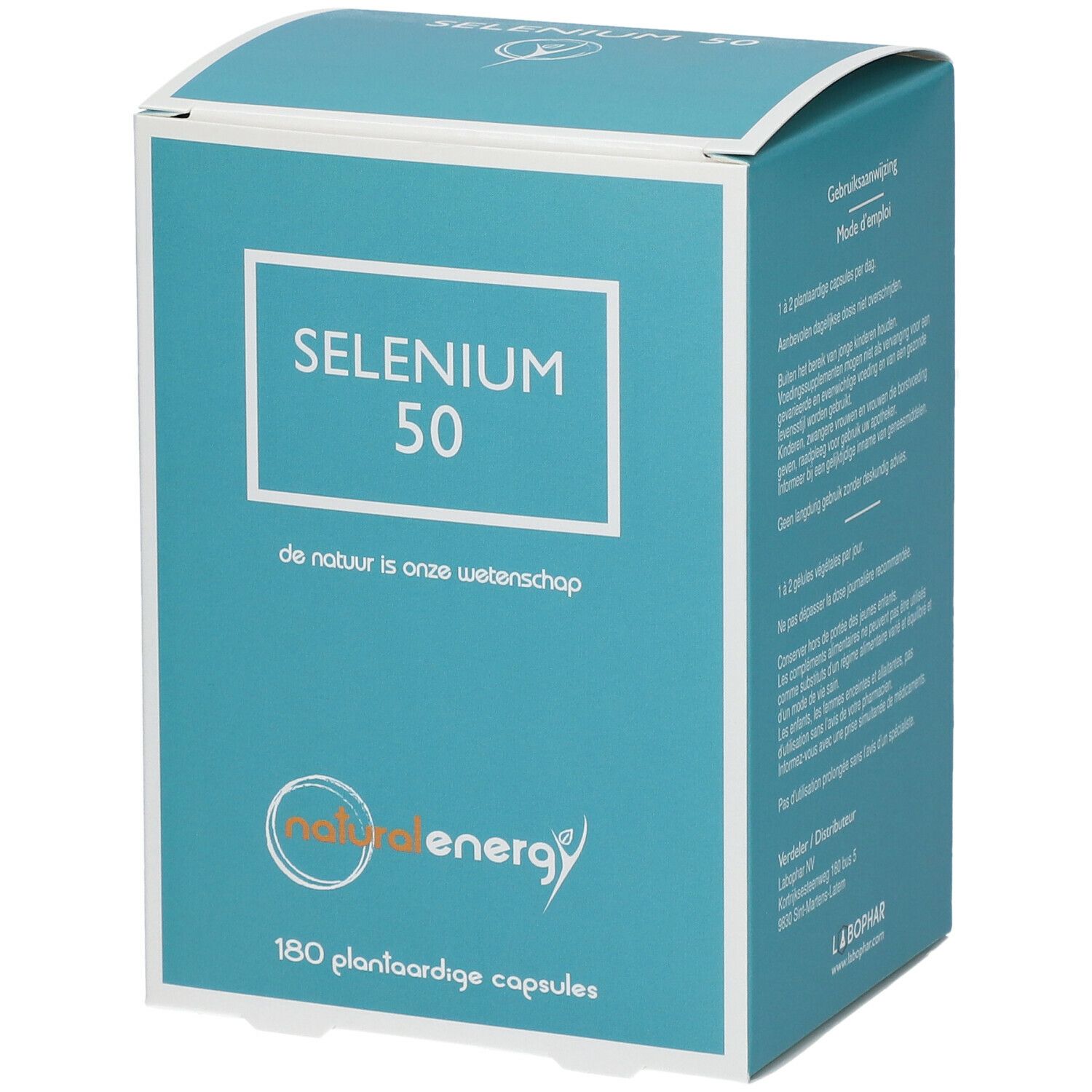 Boîte turquoise et blanche avec texte. "SELENIUM 50" et logo "natural energy". Texte: "180 plantaardige capsules".