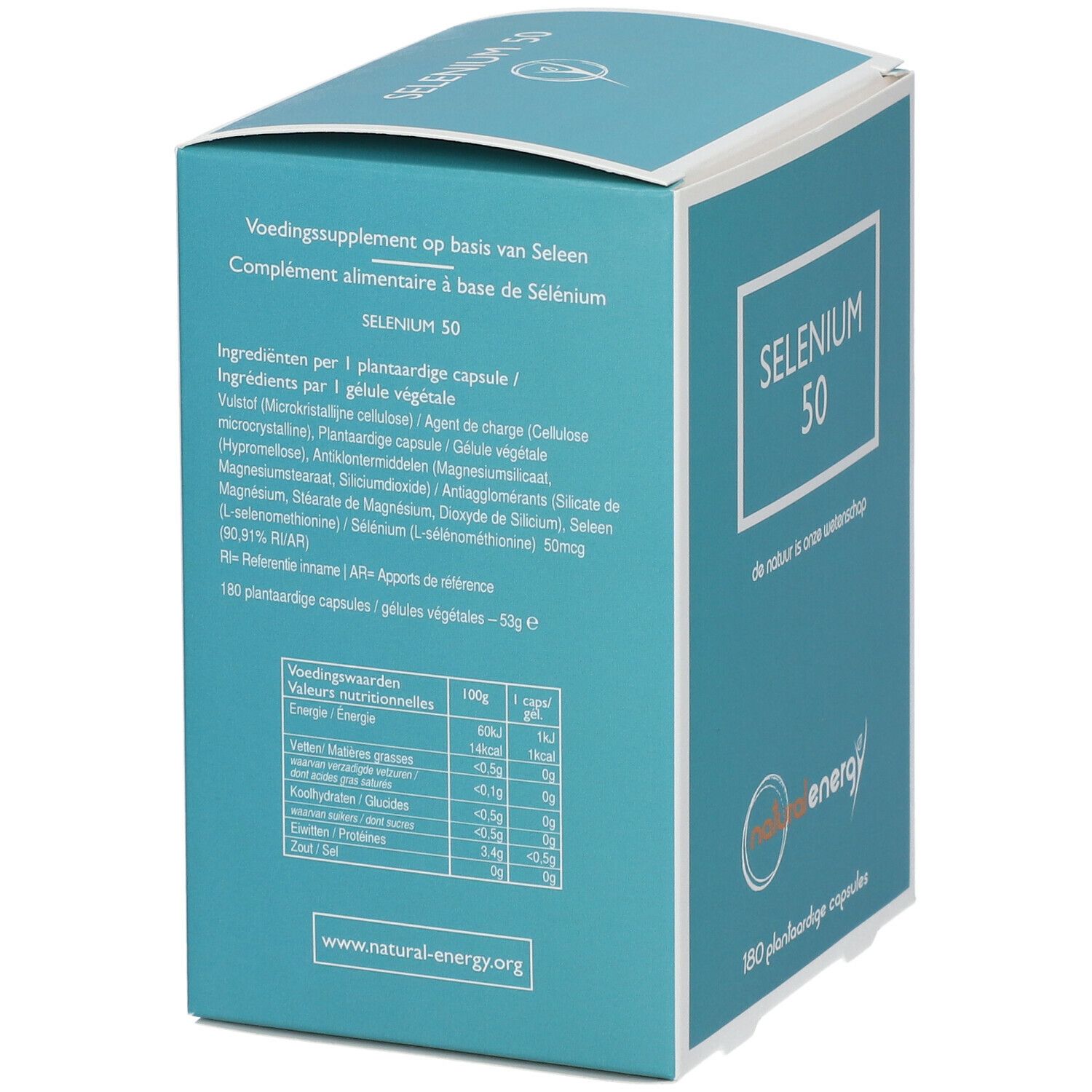 Boîte turquoise et blanche avec texte et informations nutritionnelles. "SELENIUM 50" et logo "natural energy". Texte: "180 plantaardige capsules".