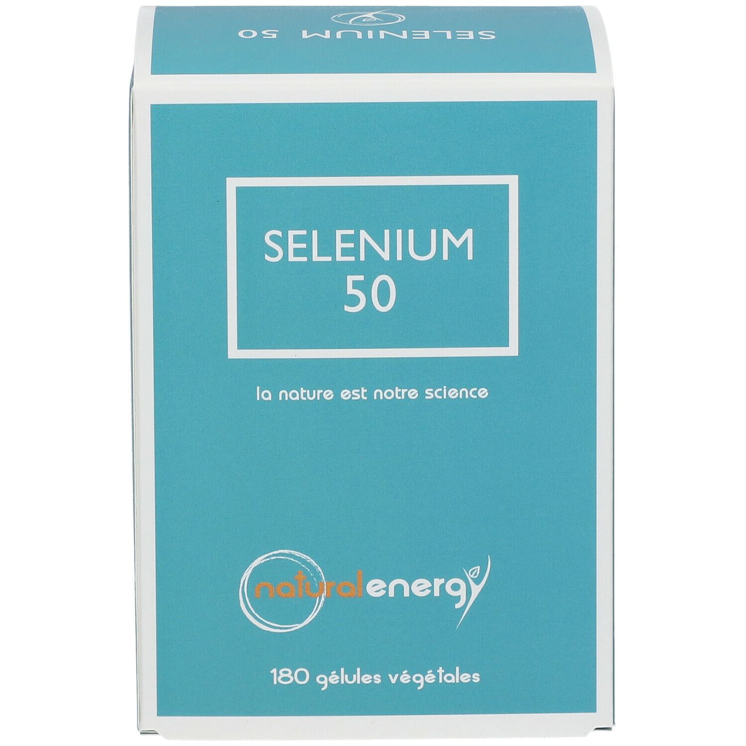 Boîte turquoise et blanche avec texte "SELENIUM 50" et logo "natural energy". Texte: "180 gélules végétales".