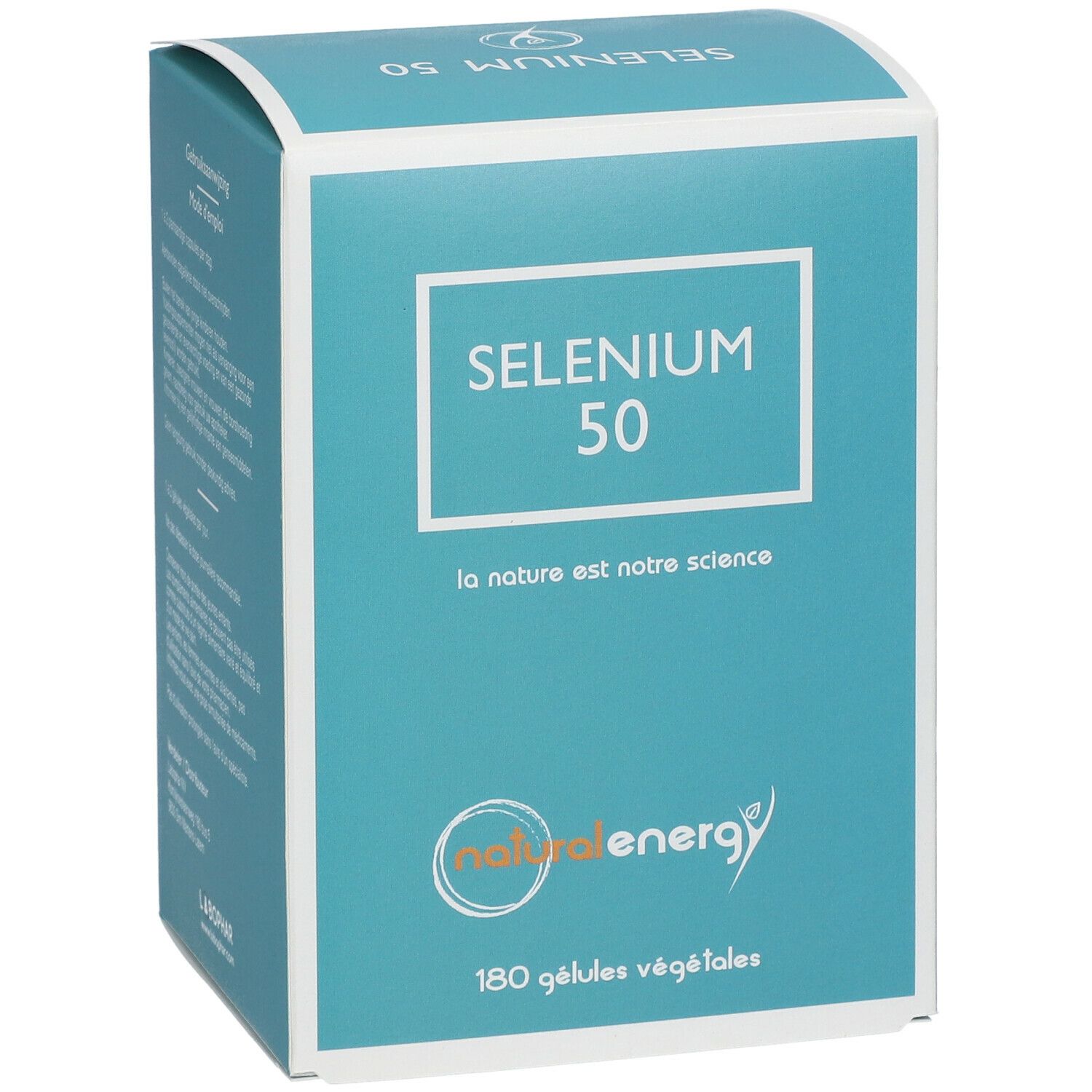 Boîte turquoise et blanche avec texte "SELENIUM 50" et logo "natural energy". Texte: "180 gélules végétales".