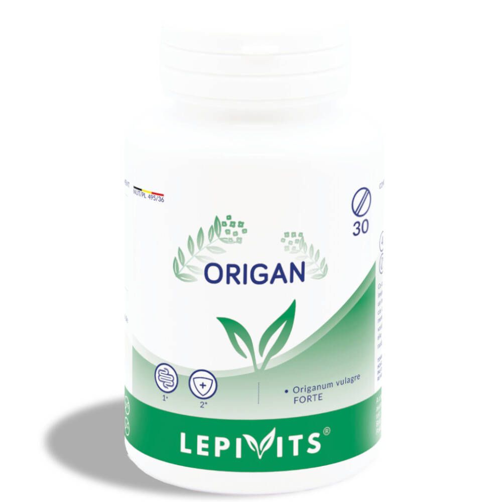 Witte fles LEPIVITS® Oregano. Opschrift ORIGAN, 30 tabletten. Groen-witte etikettering.
