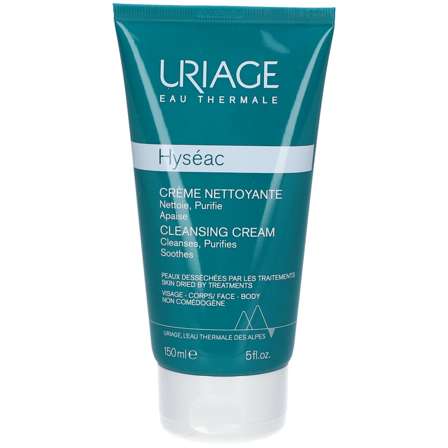 Tube Uriage Hyséac Crème Nettoyante. Design turquoise et blanc. Texte: Hyséac, Crème Nettoyante, Cleansing Cream. 150ml.