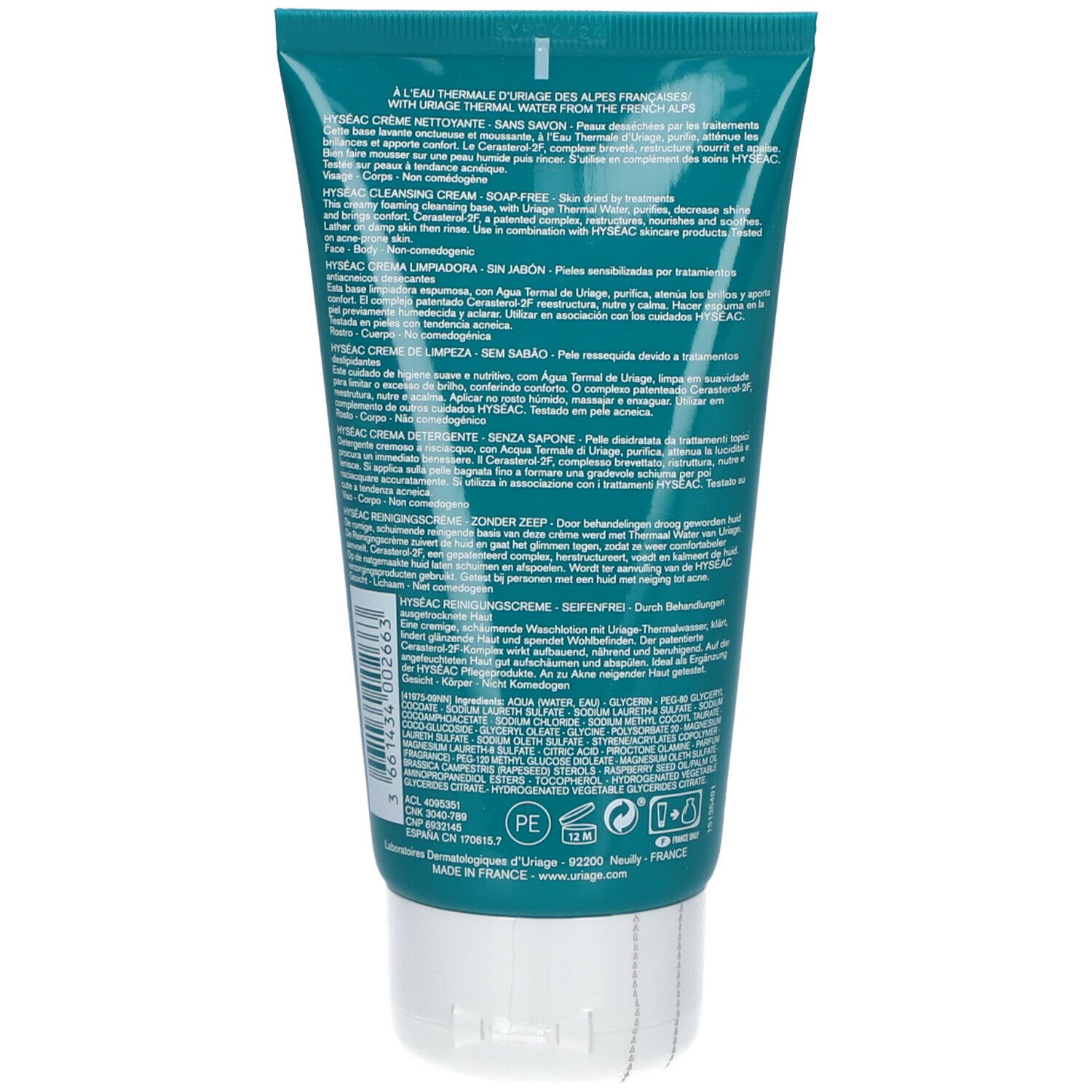Dos du tube Uriage Hyséac Crème Nettoyante. Texte et ingrédients. Design turquoise et blanc. Fabriqué en France.
