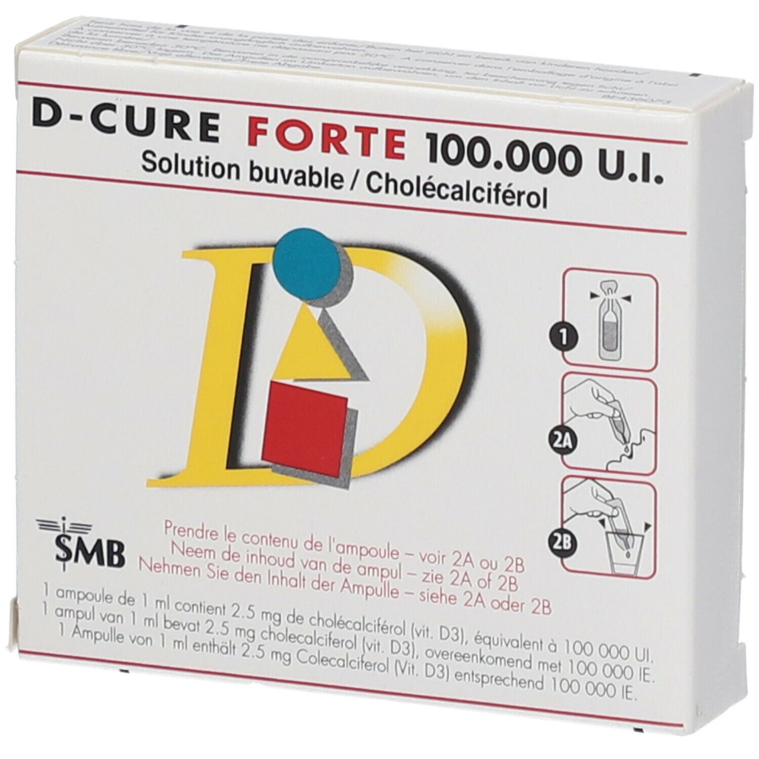 Boîte D-Cure Forte 100.000 U.I. avec instructions et illustrations d'ampoules. Contient du cholécalciférol.
