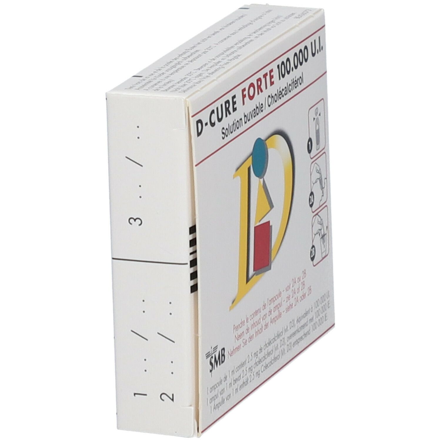 Vue en biais de l'emballage D-Cure Forte 100.000 U.I. Texte et illustrations sur carton blanc.