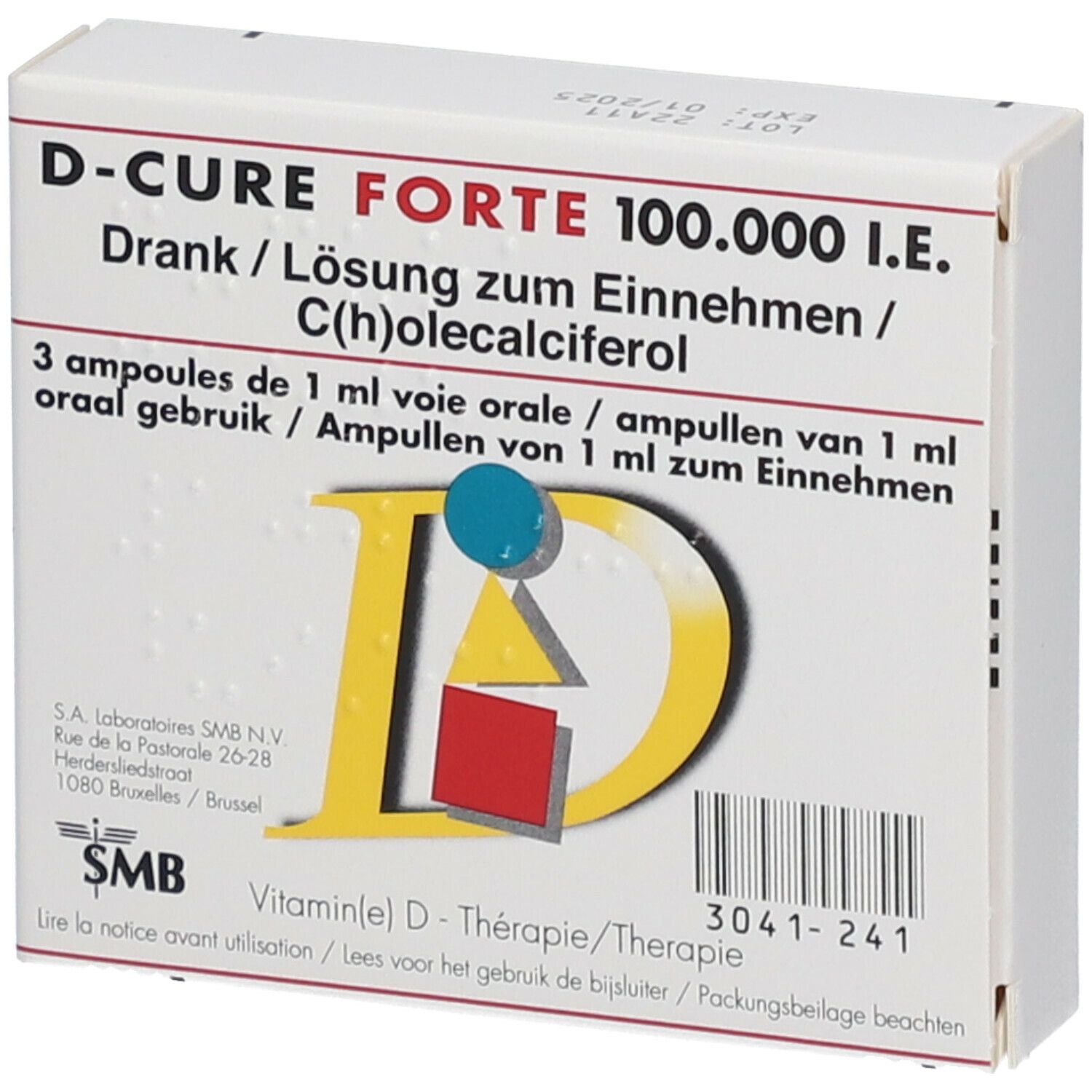 Boîte D-Cure Forte 100.000 I.E. avec 3 ampoules. Contient du cholécalciférol. Texte multilingue.