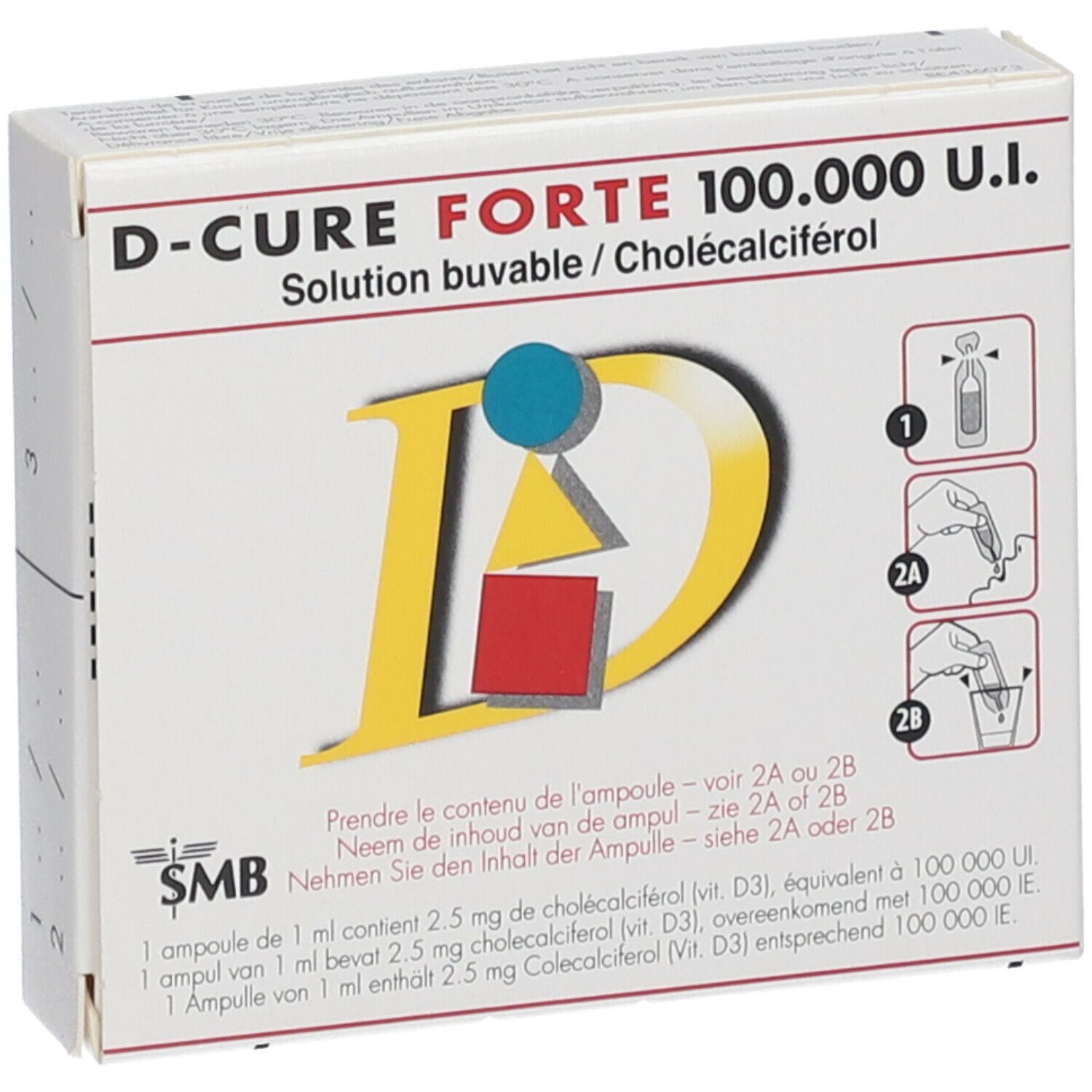 Boîte D-Cure Forte 100.000 U.I. avec instructions et illustrations d'ampoules. Contient du cholécalciférol.