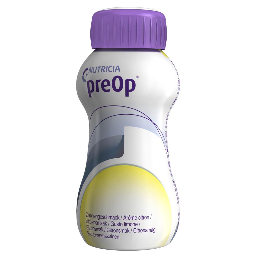 Bouteille avec bouchon violet. Inscription : Nutricia preOp. Goût citron. Bouteille blanche avec éléments jaunes et bleus.