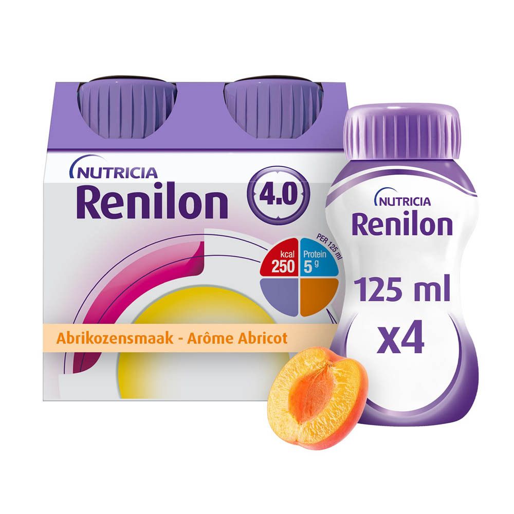 Nutricia Renilon 4.0, bouteille et pack. Goût abricot, 125 ml.