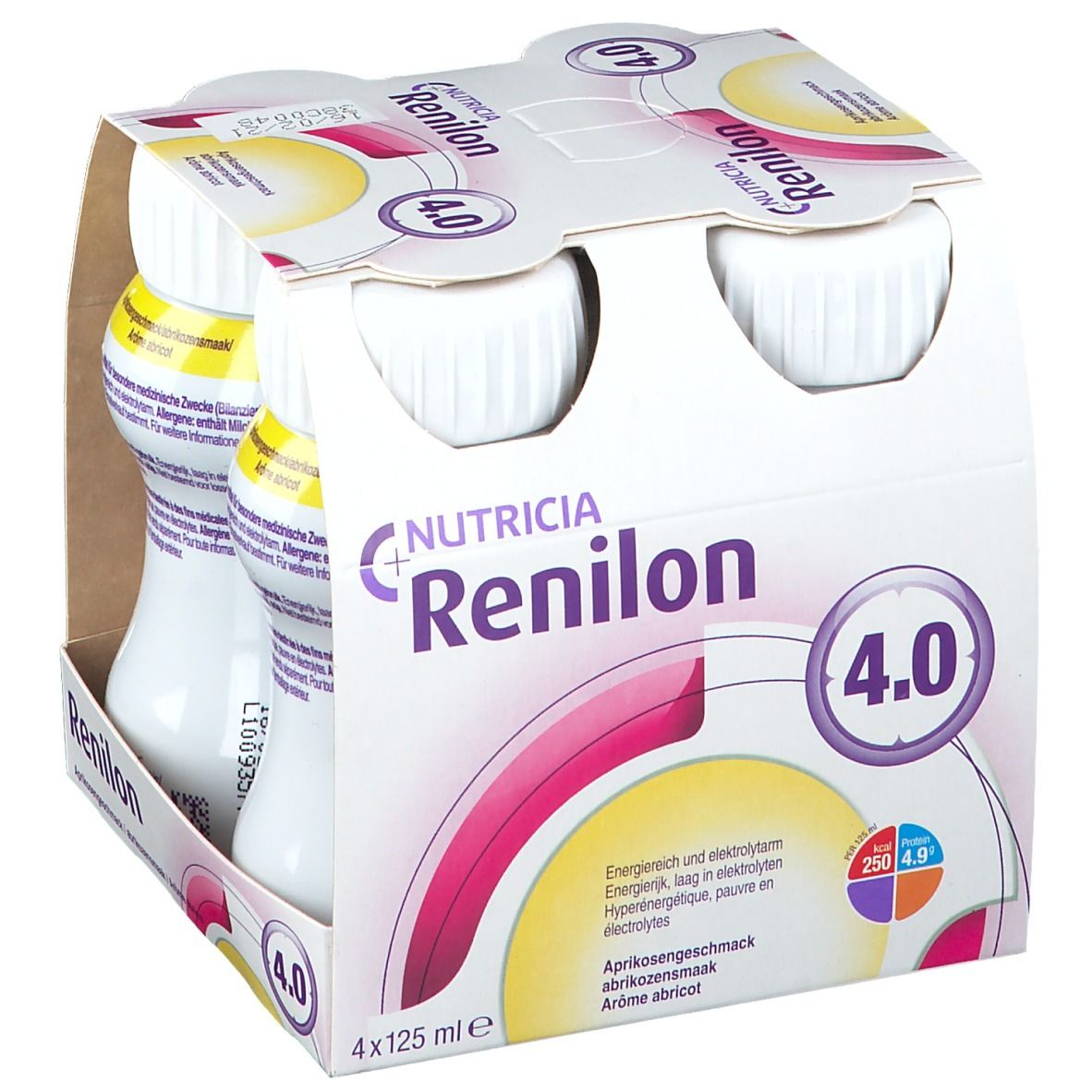 Pack de 4 bouteilles Nutricia Renilon 4.0. Goût abricot, 4x125 ml.