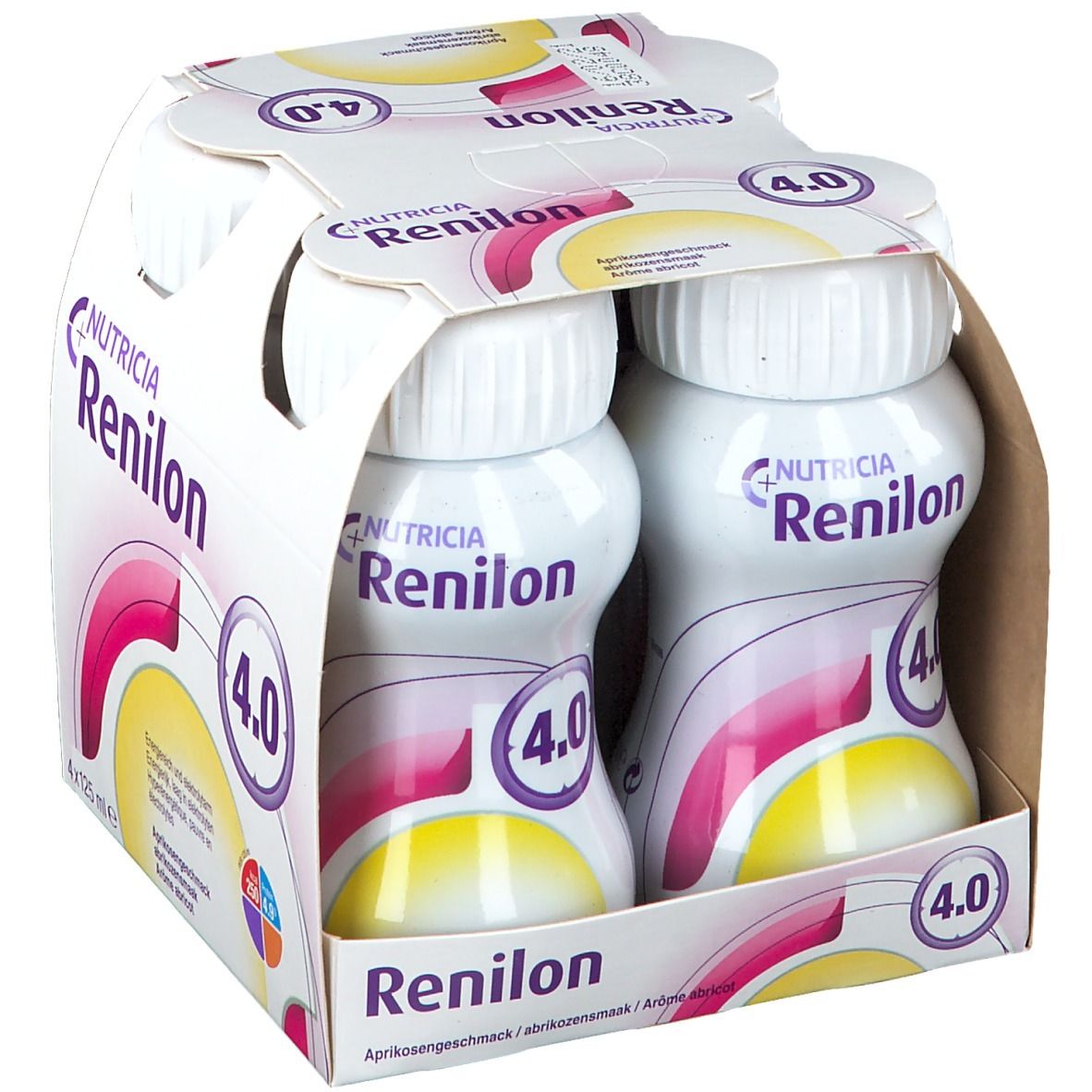 Pack de 4 bouteilles Nutricia Renilon 4.0. Goût abricot, 4x125 ml.
