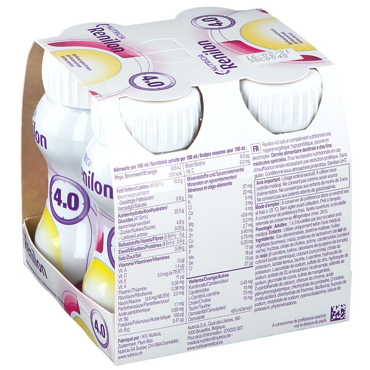Pack de 4 bouteilles Nutricia Renilon 4.0. Dos avec informations nutritionnelles.