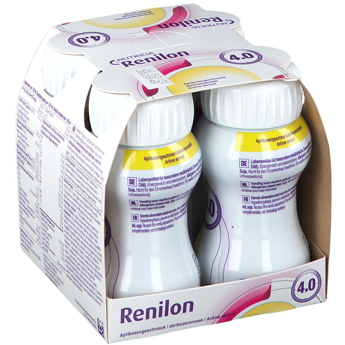 Pack Nutricia Renilon 4.0, 2 bouteilles visibles. Goût abricot.