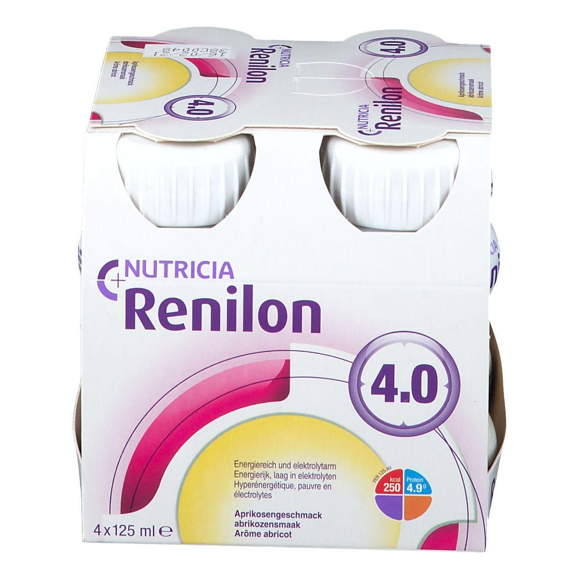 Pack de 4 bouteilles Nutricia Renilon 4.0. Goût abricot, 4x125 ml.