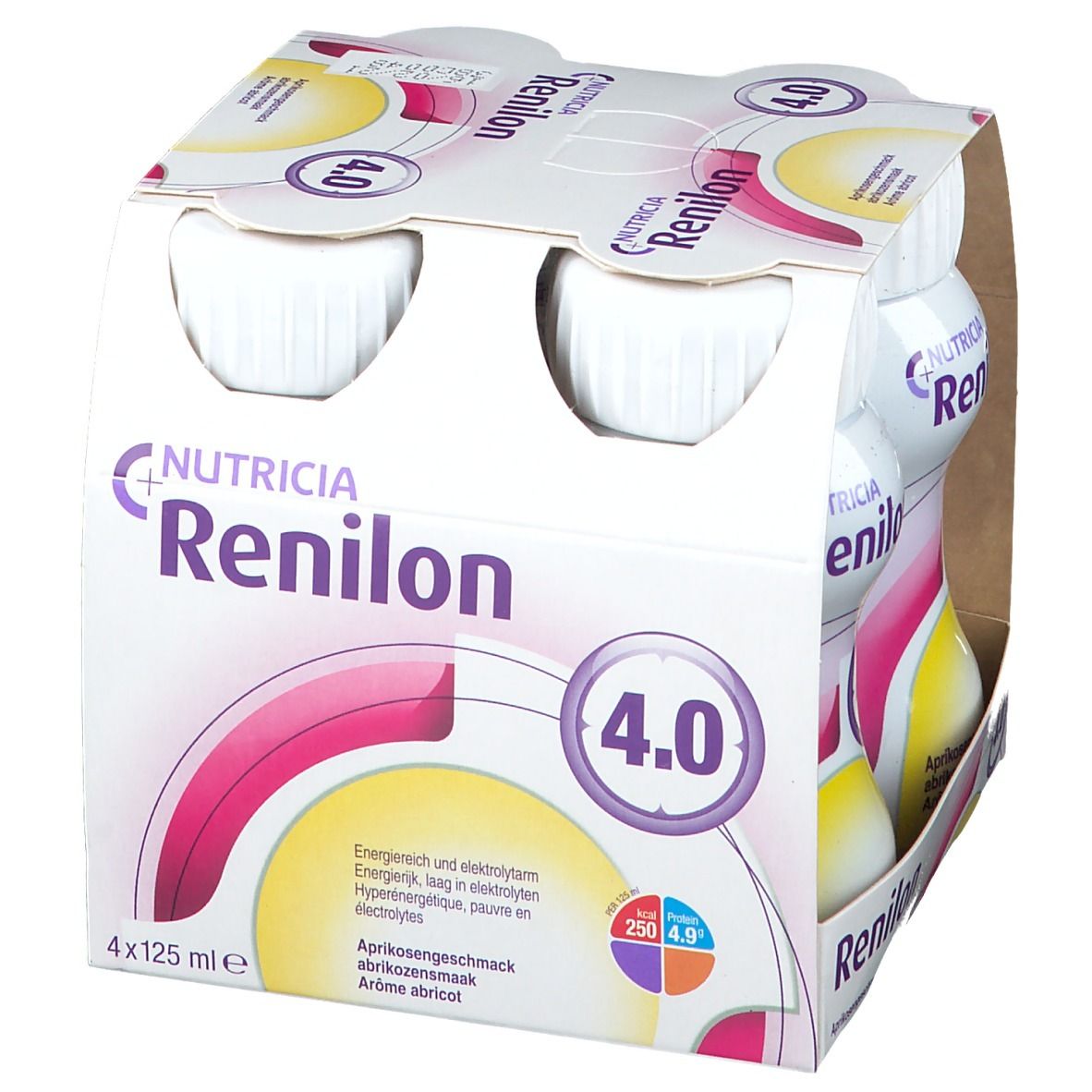 Pack de 4 bouteilles Nutricia Renilon 4.0. Goût abricot, 4x125 ml.
