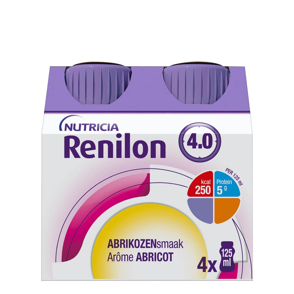 Pack de 4 bouteilles Nutricia Renilon 4.0. Goût abricot, 4x125 ml.