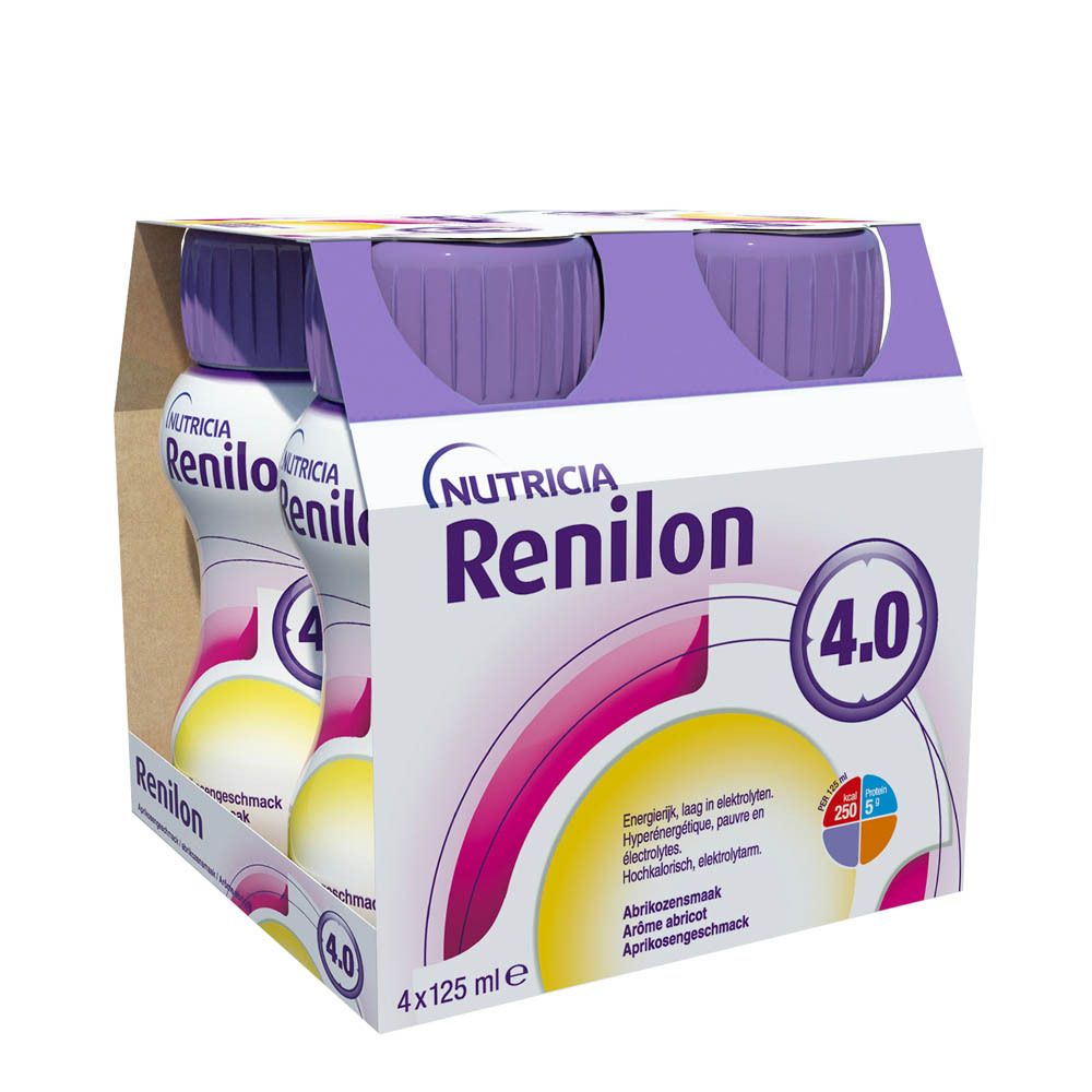 Pack de 4 bouteilles Nutricia Renilon 4.0. Goût abricot, 4x125 ml.