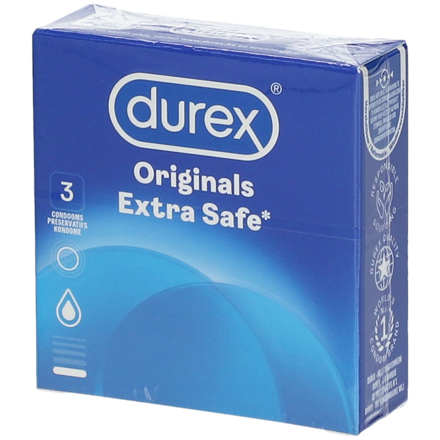 Boîte bleue "durex Originals Extra Safe" contenant 3 préservatifs. Emballée dans du plastique transparent.