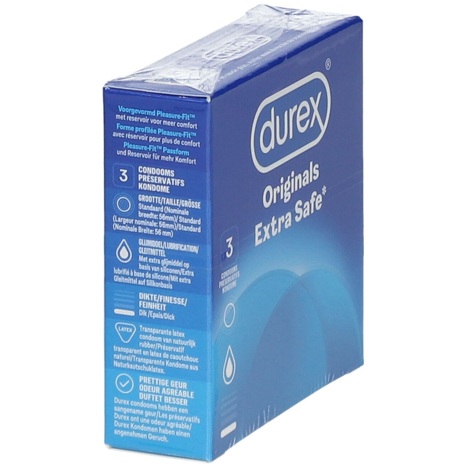 Boîte bleue "durex Originals Extra Safe" avec informations produit. Contient 3 préservatifs. Avec réservoir.