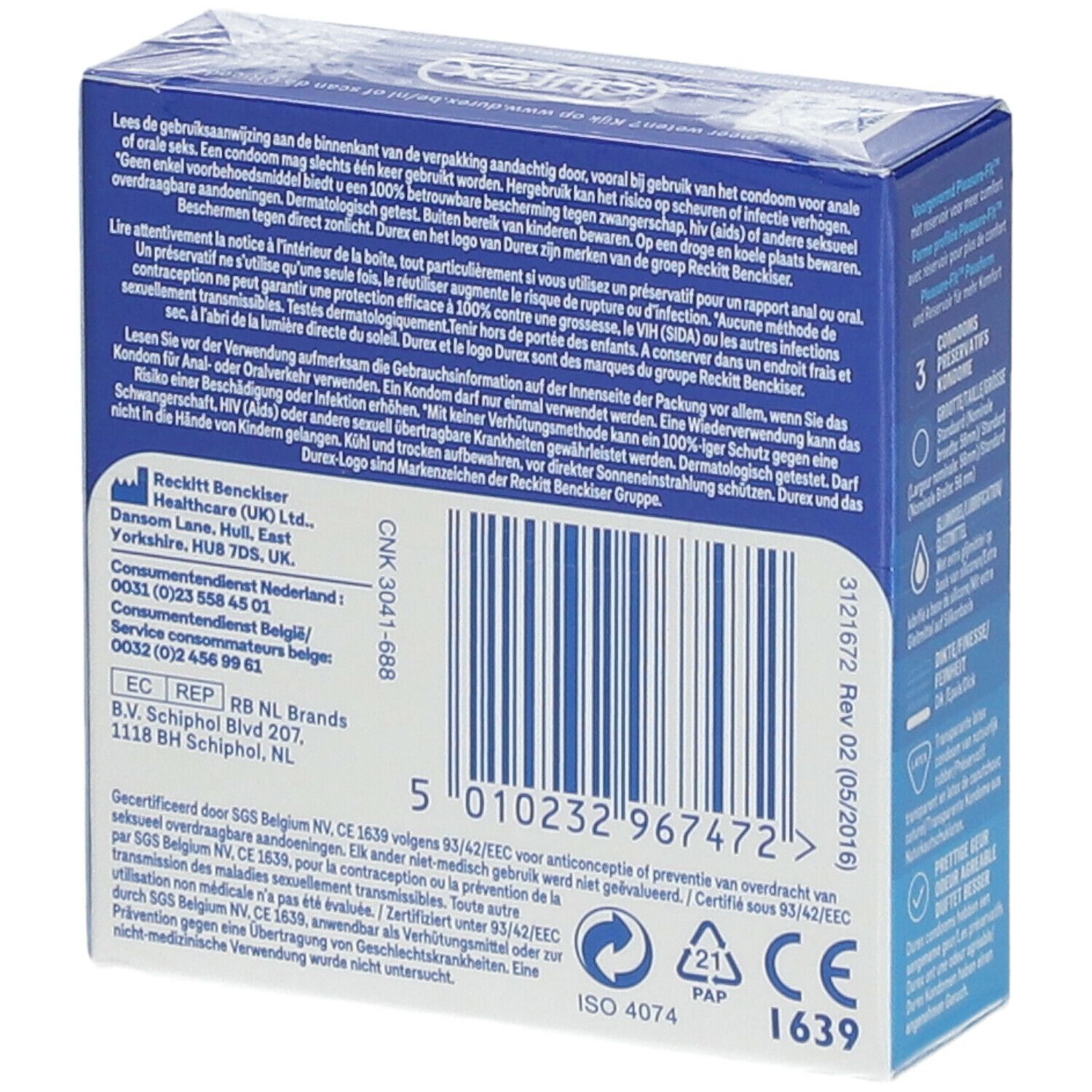 Dos de la boîte bleue "durex Originals Extra Safe". Informations textuelles, code-barres et certifications.