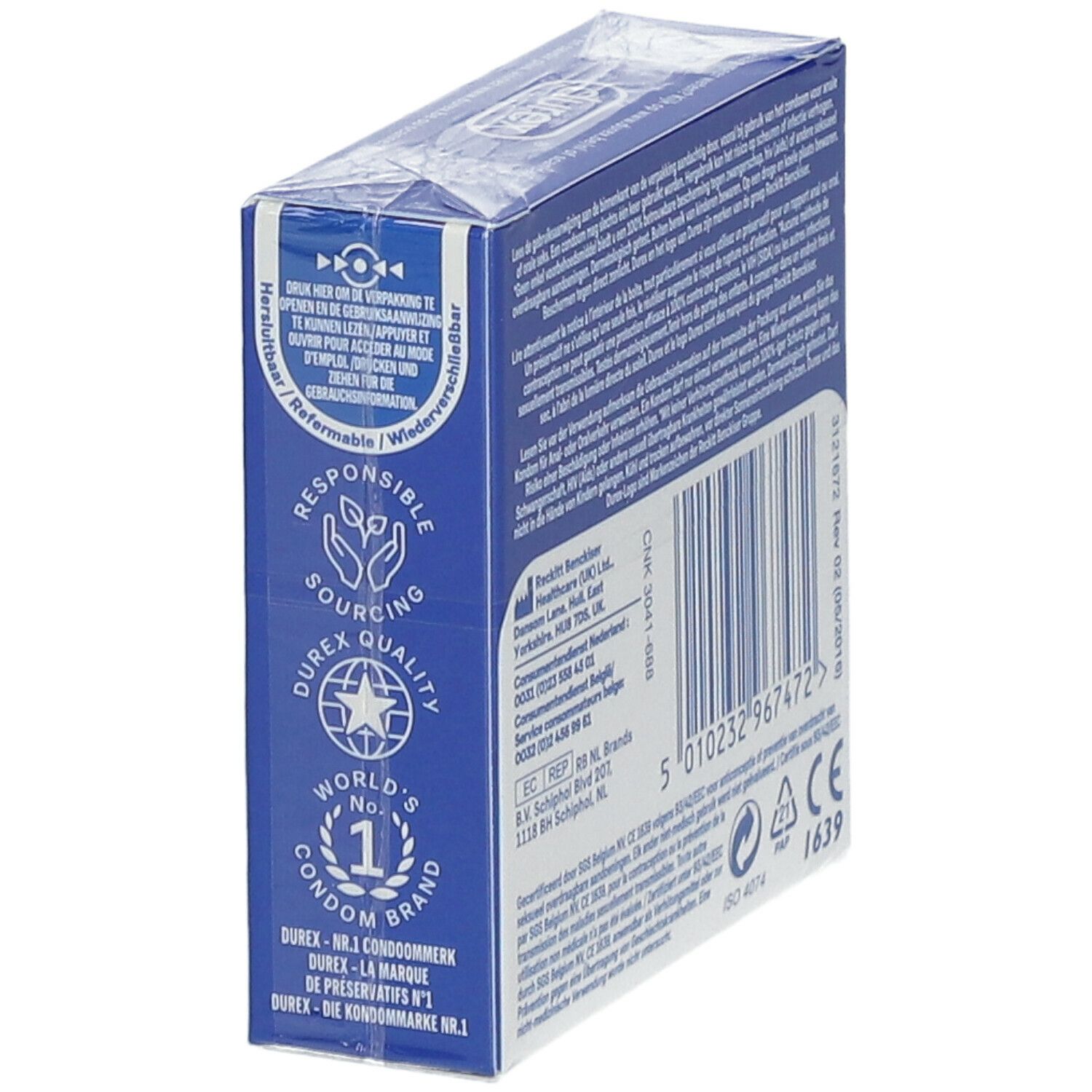 Boîte bleue "durex Originals Extra Safe" avec texte et logo. Approvisionnement durable, qualité Durex.