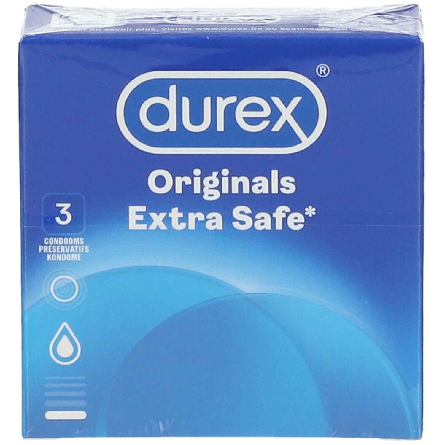 Boîte bleue "durex Originals Extra Safe" avec 3 préservatifs. Emballée. Logo et nom du produit.