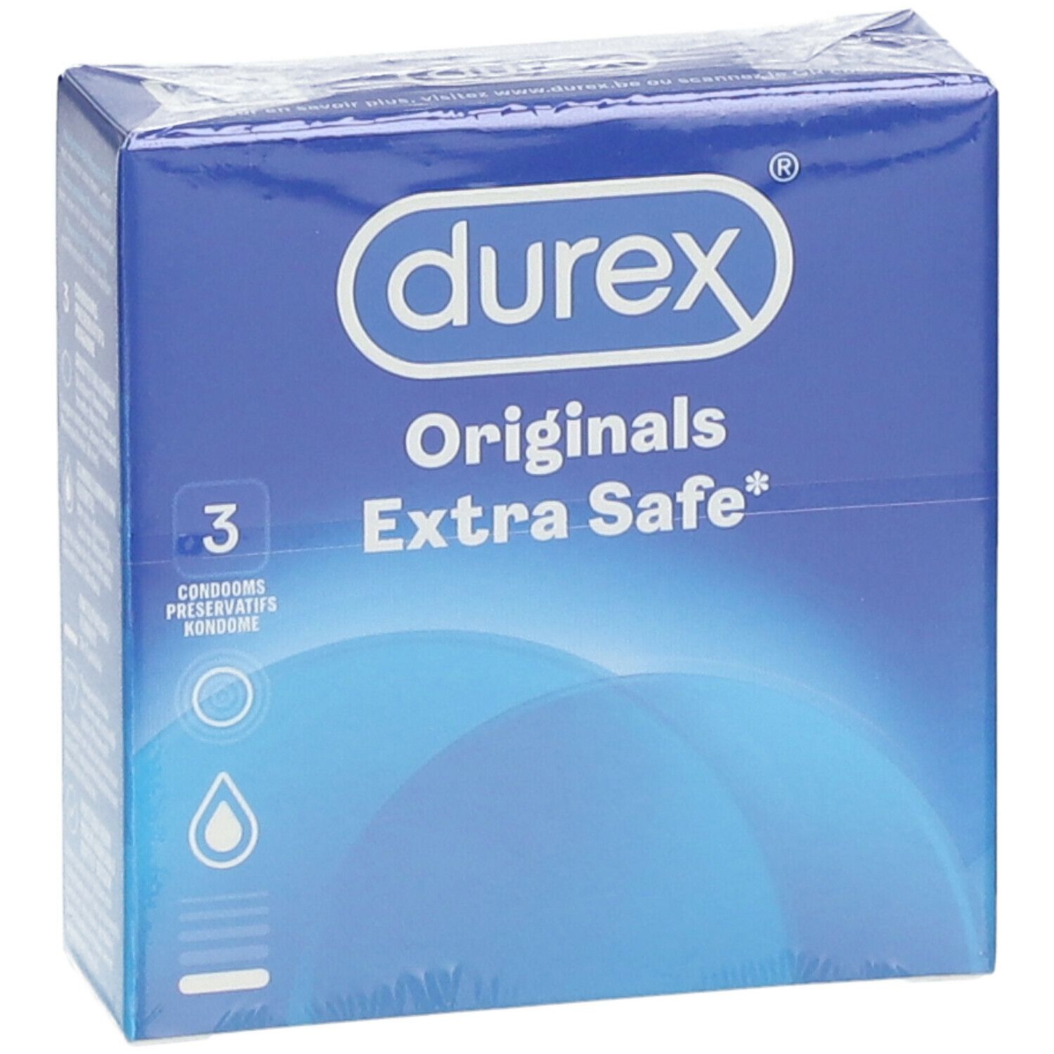 Boîte bleue "durex Originals Extra Safe" avec 3 préservatifs. Emballée. Vue du produit.