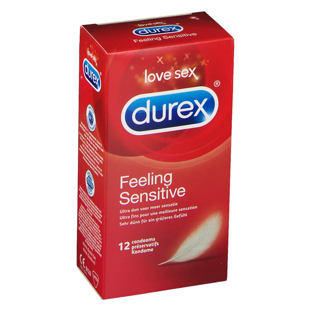 Rode Durex verpakking met productnaam en logo. Bevat 12 condooms. Veer illustratie.