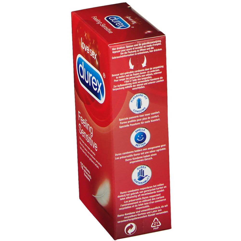 Rode Durex verpakking, zijaanzicht. Productnaam en logo zichtbaar. Meertalige tekst.
