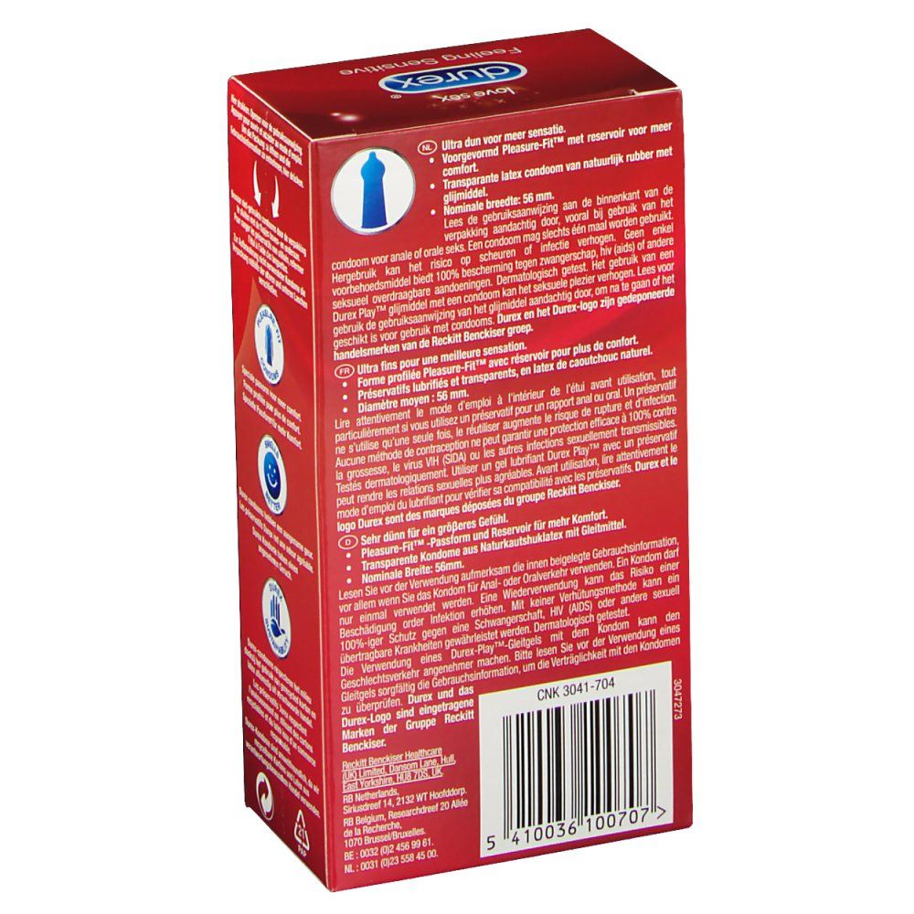 Achterkant van de rode Durex verpakking. Meertalige tekst. Productinformatie.