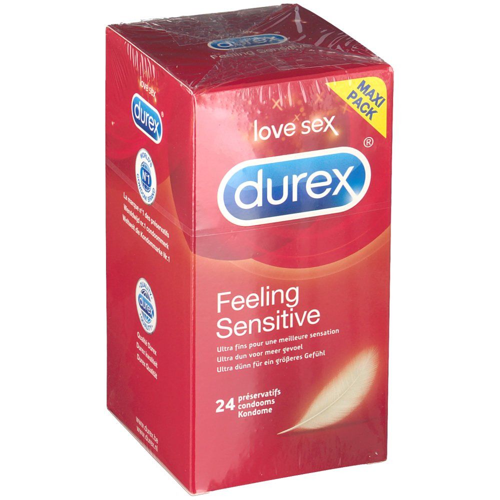 Boîte rouge Durex Feeling Sensitive, 24 préservatifs. Logo et mentions. Emballage transparent.