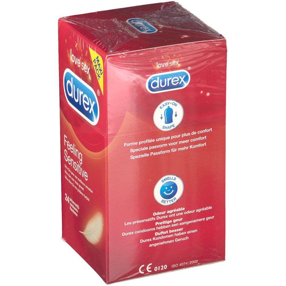 Boîte rouge Durex Feeling Sensitive, 24 préservatifs. Forme Easy-On et indication d'odeur. Emballage transparent.
