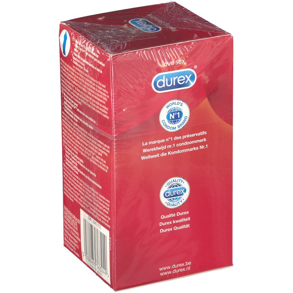 Boîte rouge Durex. Marque de préservatifs n°1 mondial. Logos et mentions. Emballage transparent.